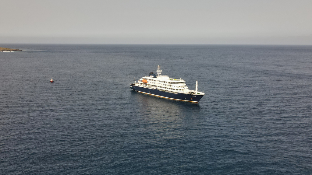 An aerial view of the MV Hondius Dutch cruise ship anchored in the Atlantic off Cape Verde, Tuesday, May 5, 2026. 