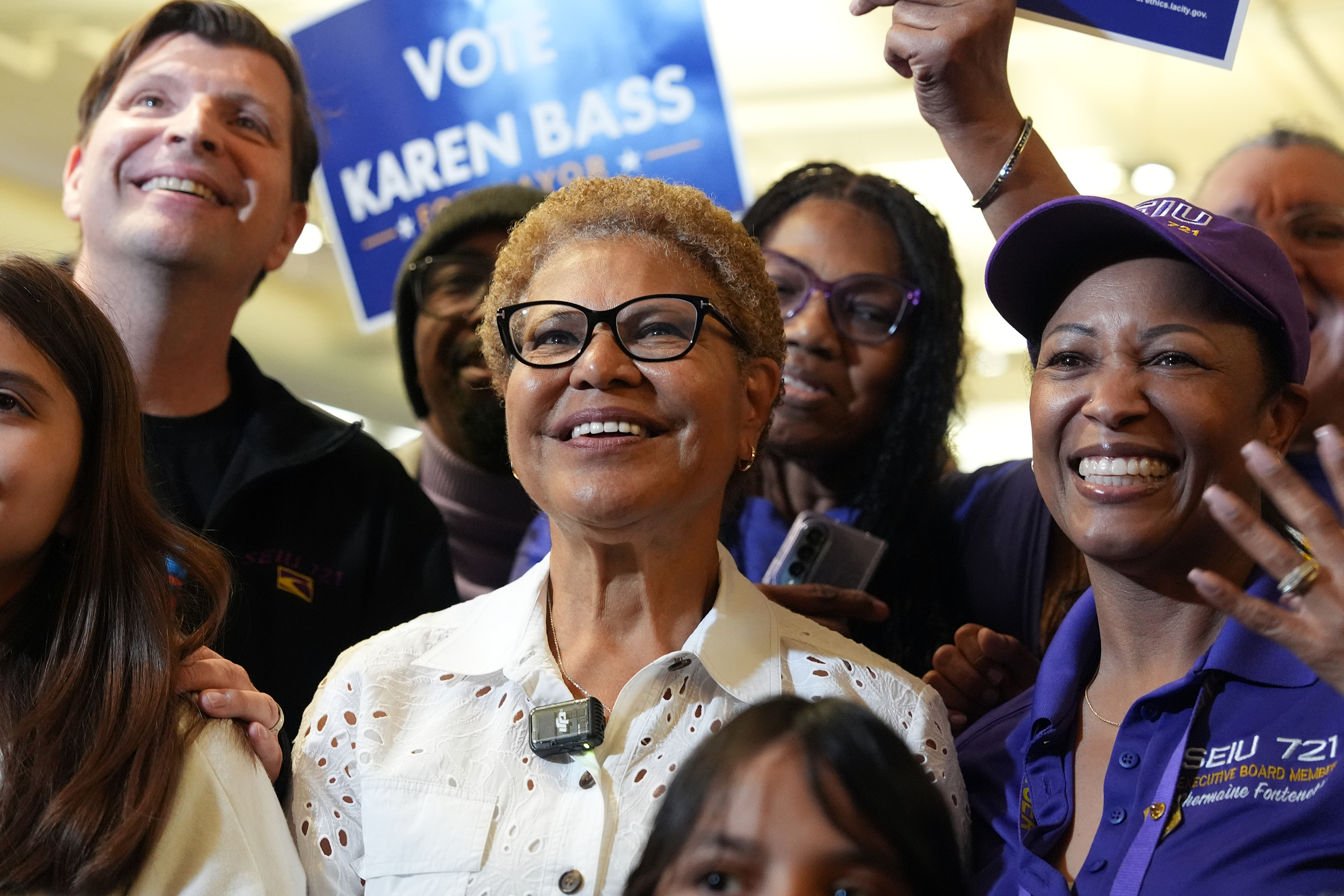Los Angeles Mayor Karen Bass, center, poses for a group photo during a campaign event at SEIU 721 headquarters in Los Angeles on Saturday, May 30, 2026.