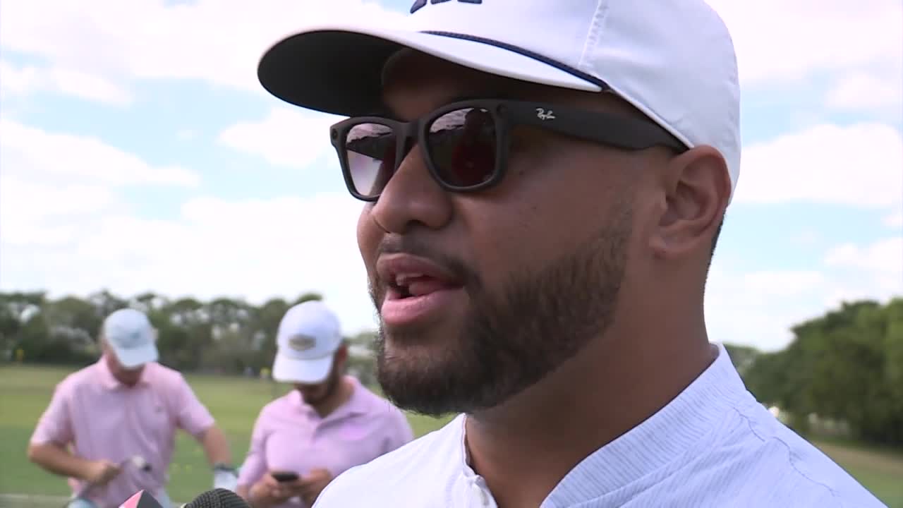 Tua Tagovailoa speaks to reporters after winning 2024 Cognizant Classic Pro-Am