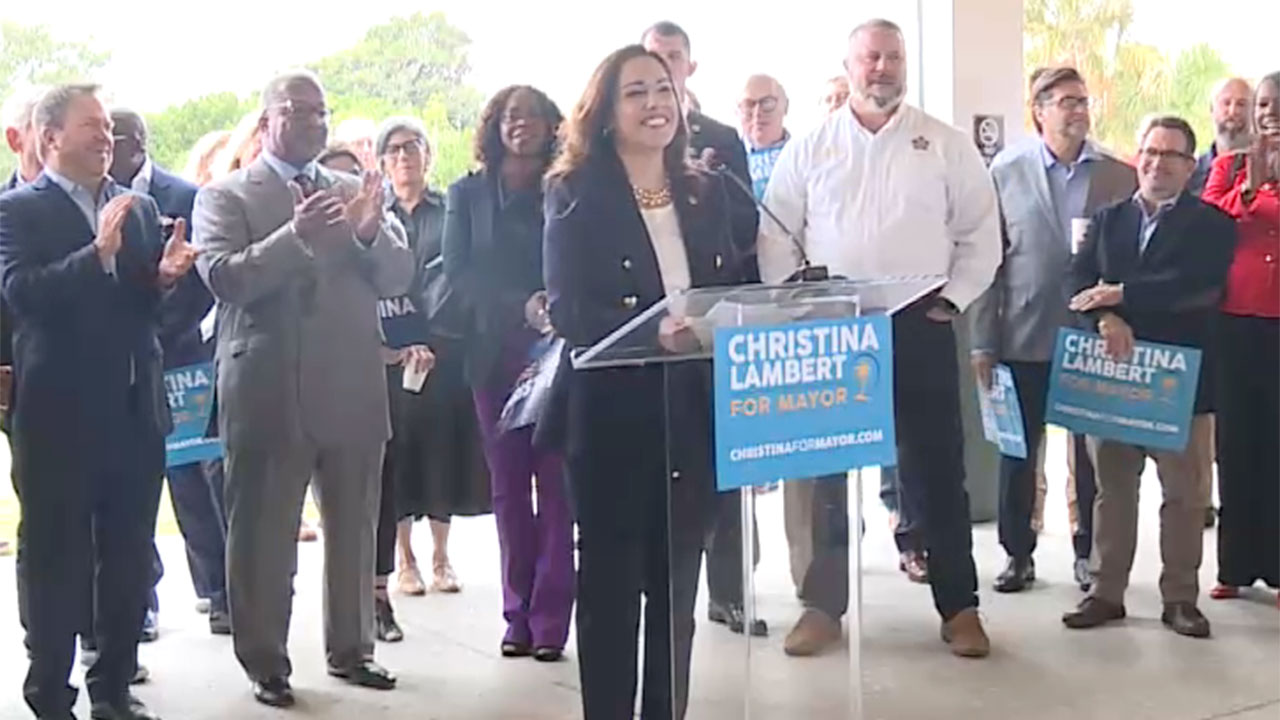 West Palm Beach District 5 City Commissioner Christina Lambert holds a news conference on Jan. 14, 2025, to announce she's running for mayor.