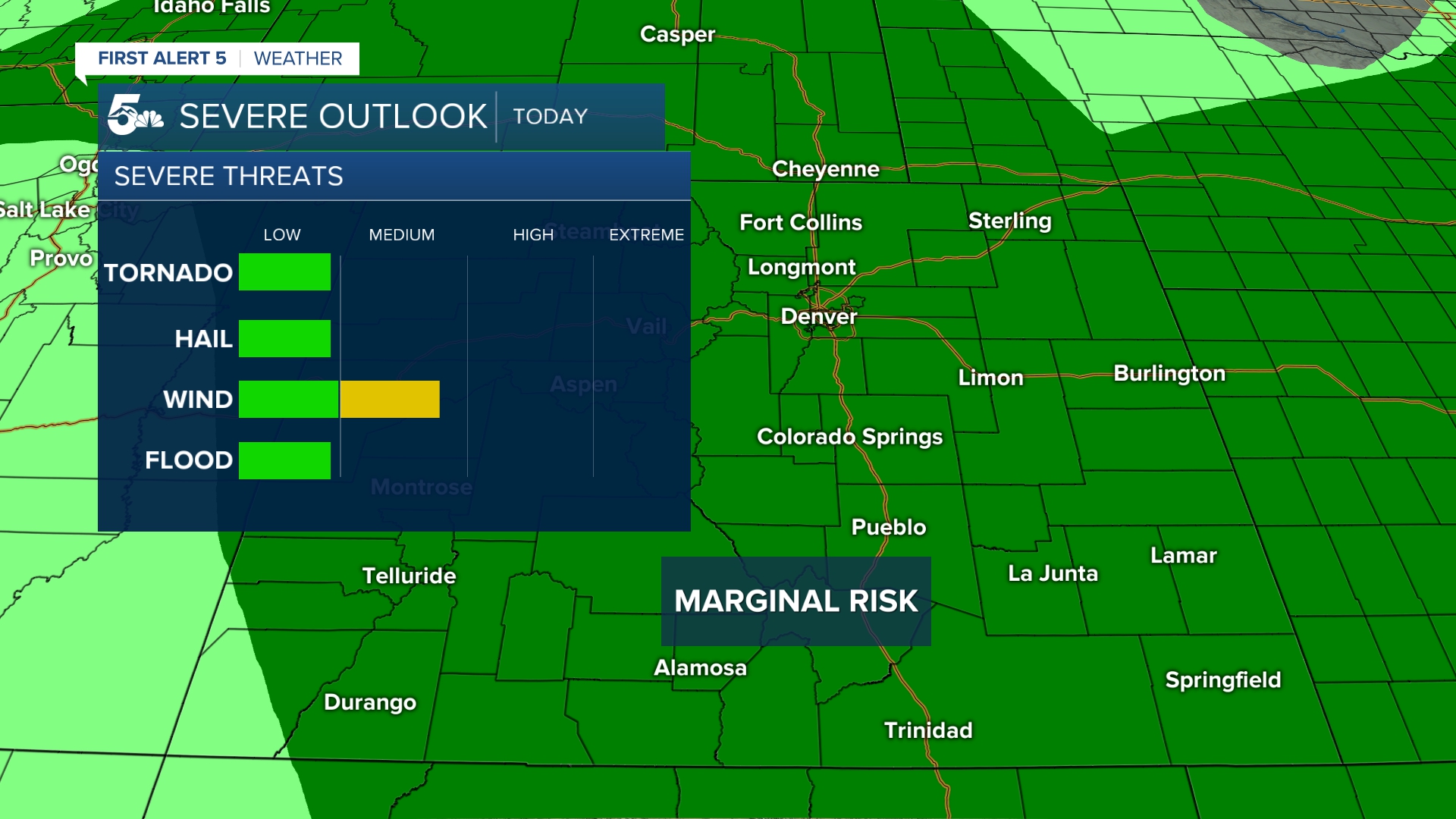 Scattered thunderstorms will develop across Colorado on Saturday, a few may contain gusty wind