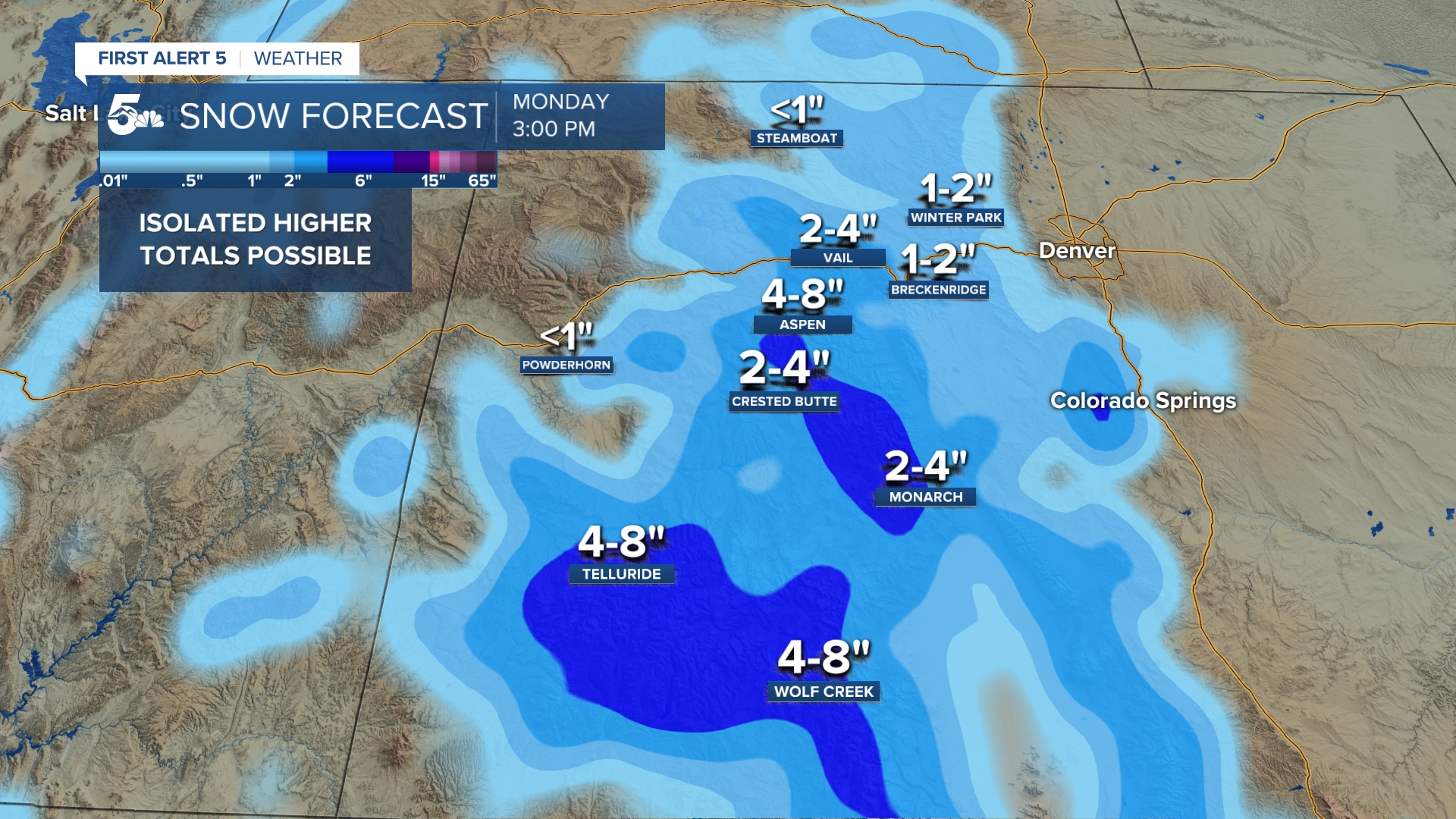 Forecast snowfall at Colorado ski resorts through the afternoon of Monday, November 24th, 2025