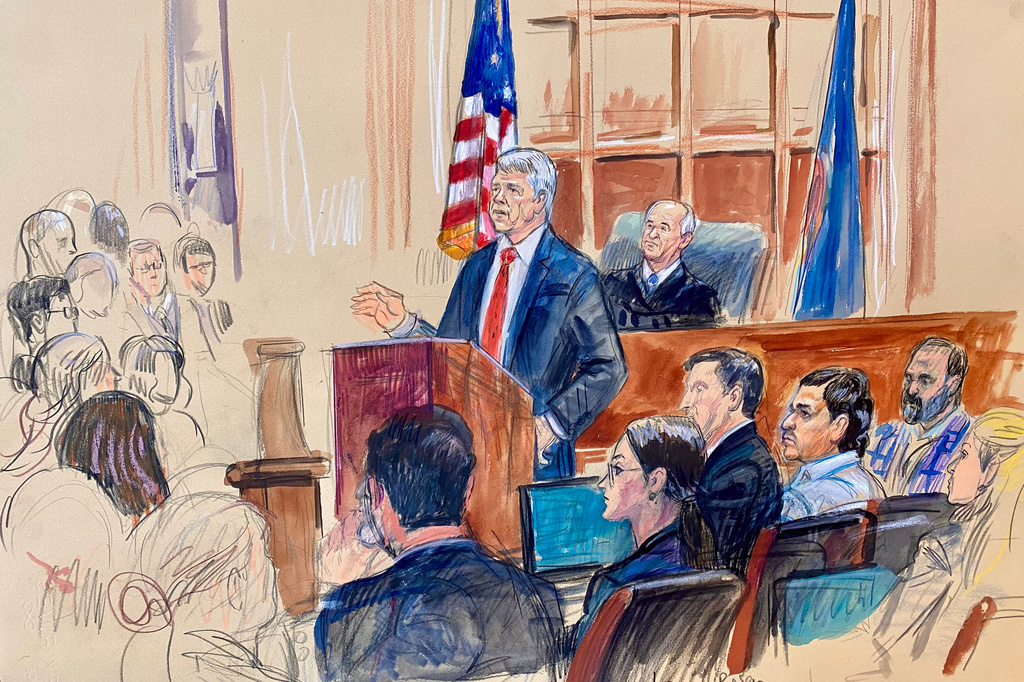 This courtroom sketch depicts Justice Department prosecutor John Gibbs speaking as defense attorneys Lauren Rosen, Geremy Kamens, from center middle seated, defendant Mohammad Sharifullah, and an interpreter, listen along with Judge Anthony John Trenga during the opening day of the trial for Sharifullah in federal court in Alexandria, Va., Monday, April 20, 2026. 