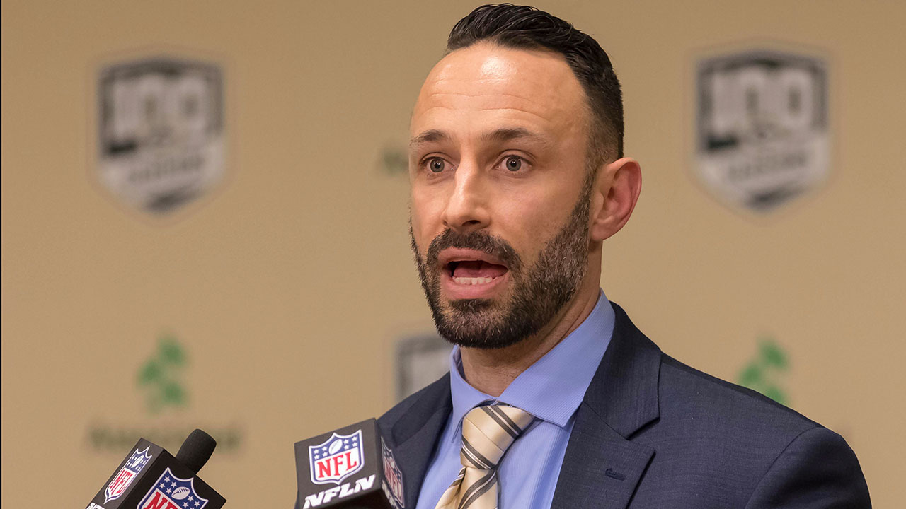 FILE - Jon-Eric Sullivan, Green Bay Packers director of college scouting, talks in Green Bay, Wis., April 26, 2018.