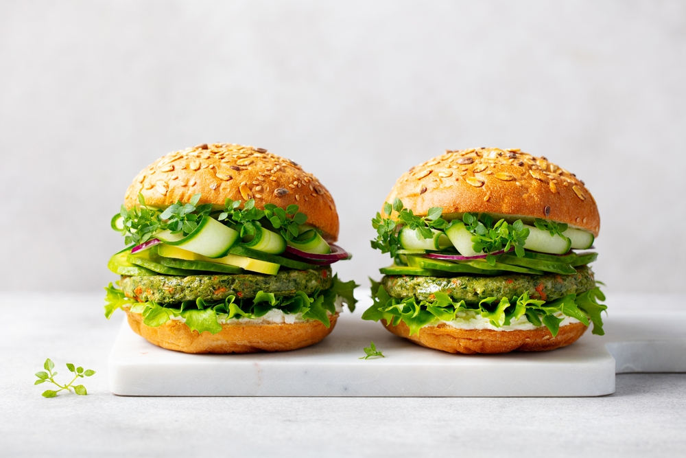 Vegan burgers on a cutting board