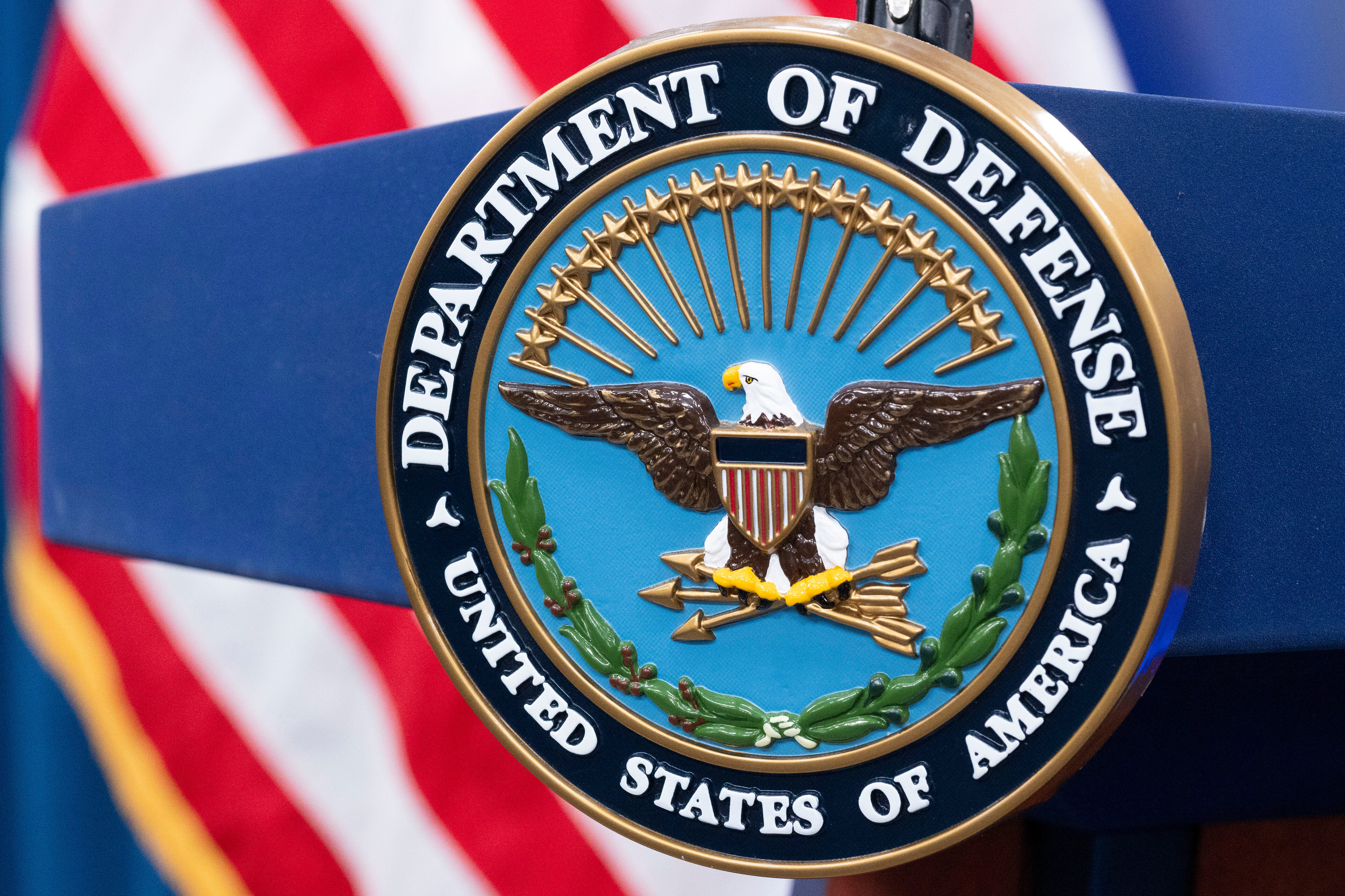 The Department of Defense seal is seen on the podium in the Press Briefing room at the Pentagon on Oct. 29, 2024, in Washington.