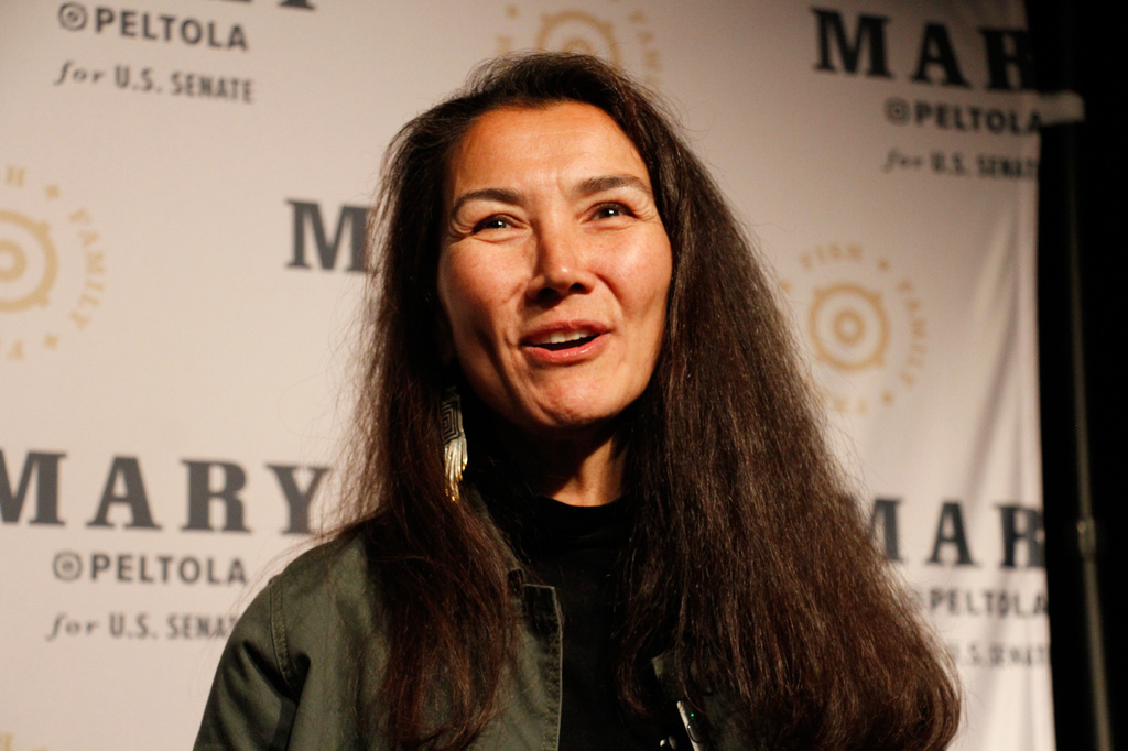 Mary Peltola, a Democrat running for the U.S. Senate seat in Alaska, addresses supporters at an election watch party Tuesday, Aug. 18, 2026, in Anchorage, Alaska. 