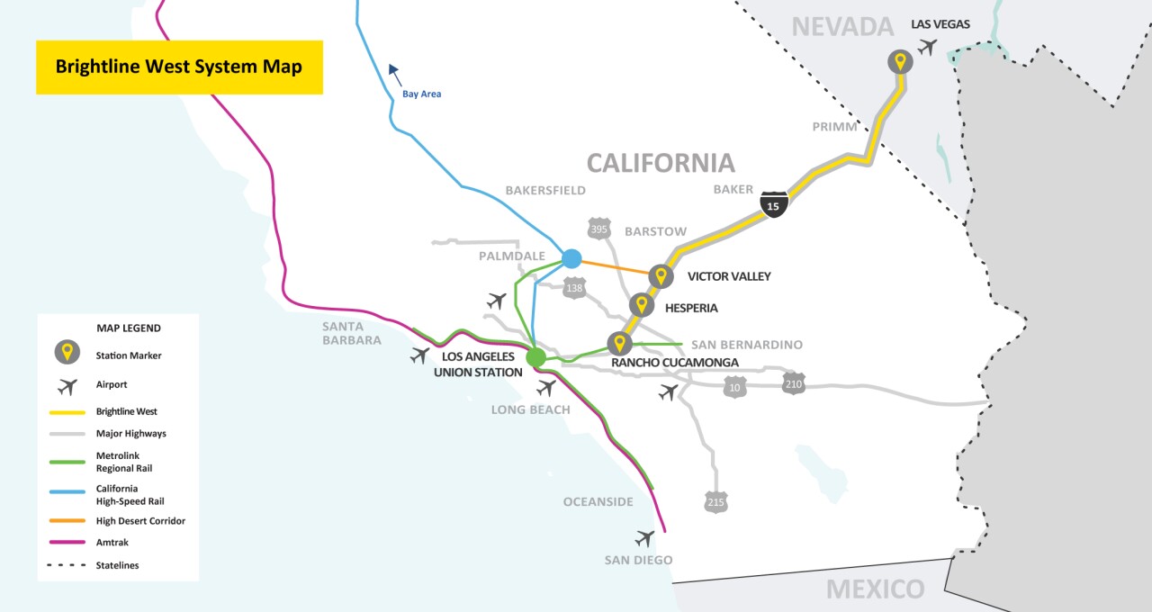 Brightline West route map showing the high-speed rail line from Las Vegas to Apple Valley, Hesperia and Rancho Cucamonga along Interstate 15