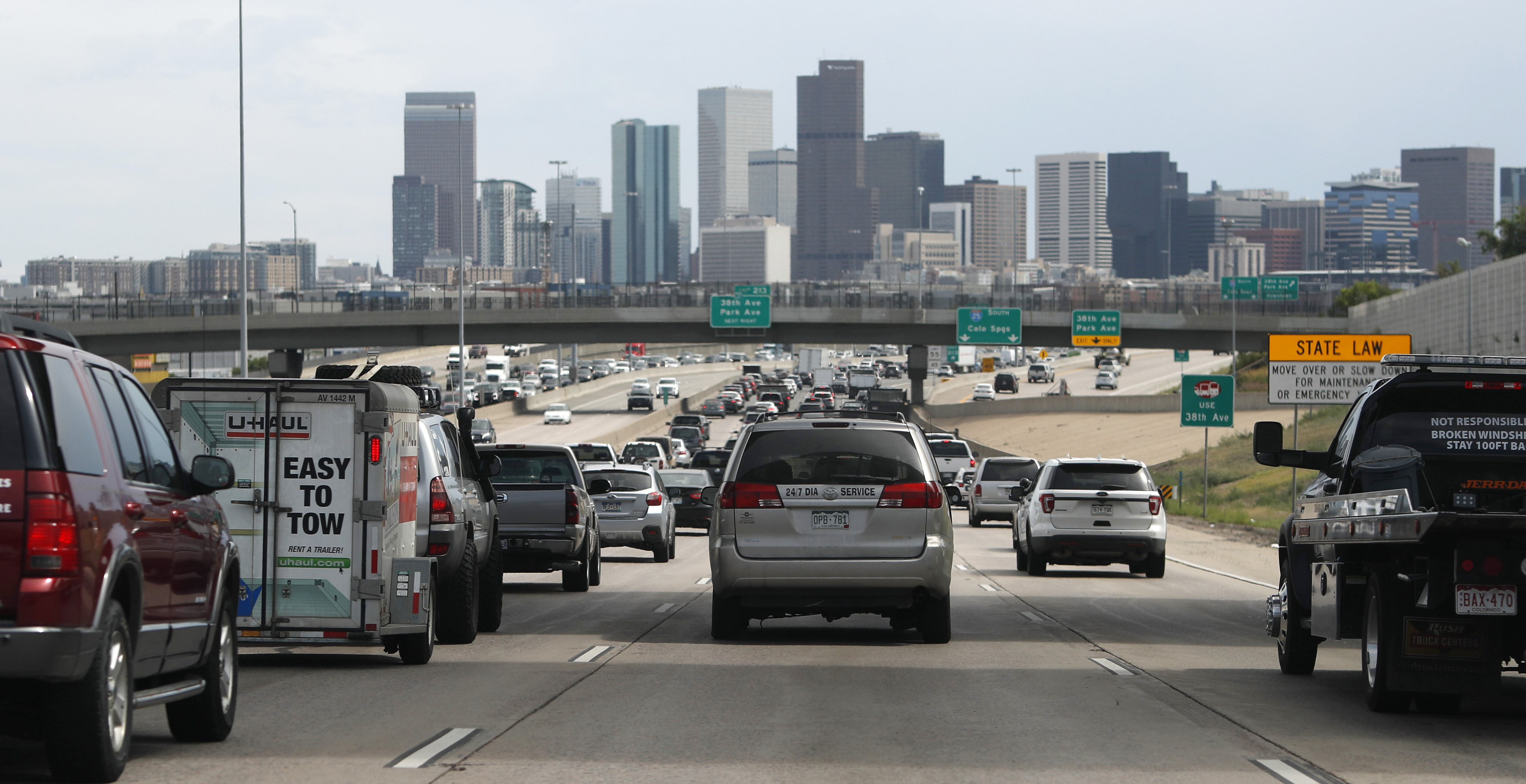 downtown denver traffic I-25 2019 pollution emissions interstate