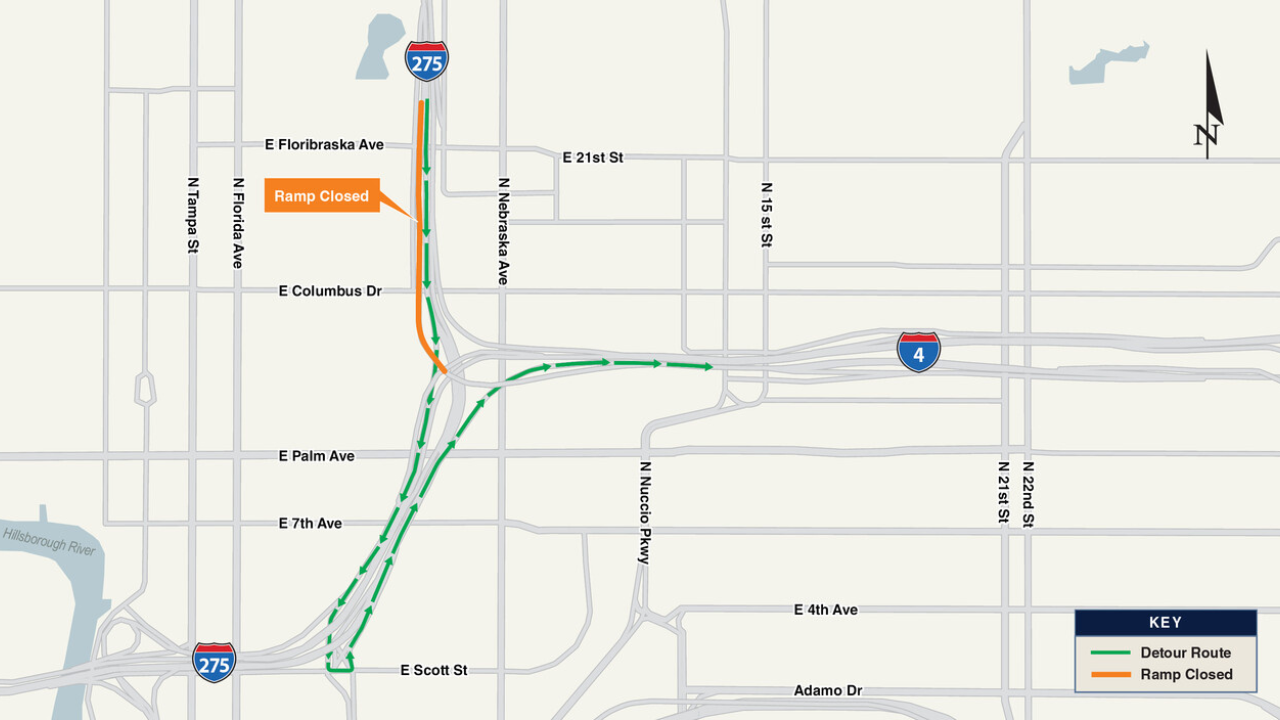 Southbound I-275 ramp to eastbound I-4 closing overnight for bridge work in downtown Tampa
