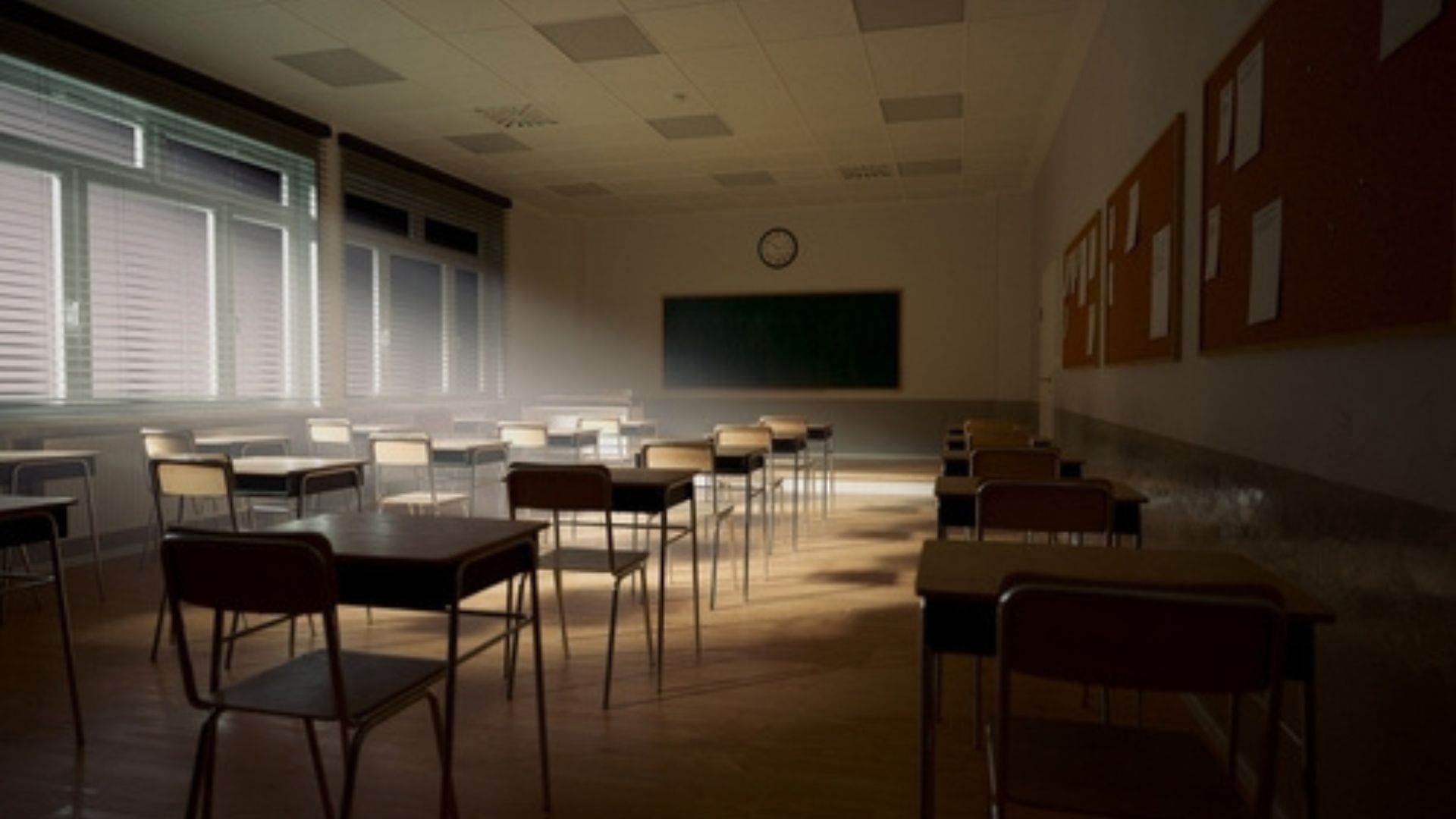Stock image of an empty classroom.