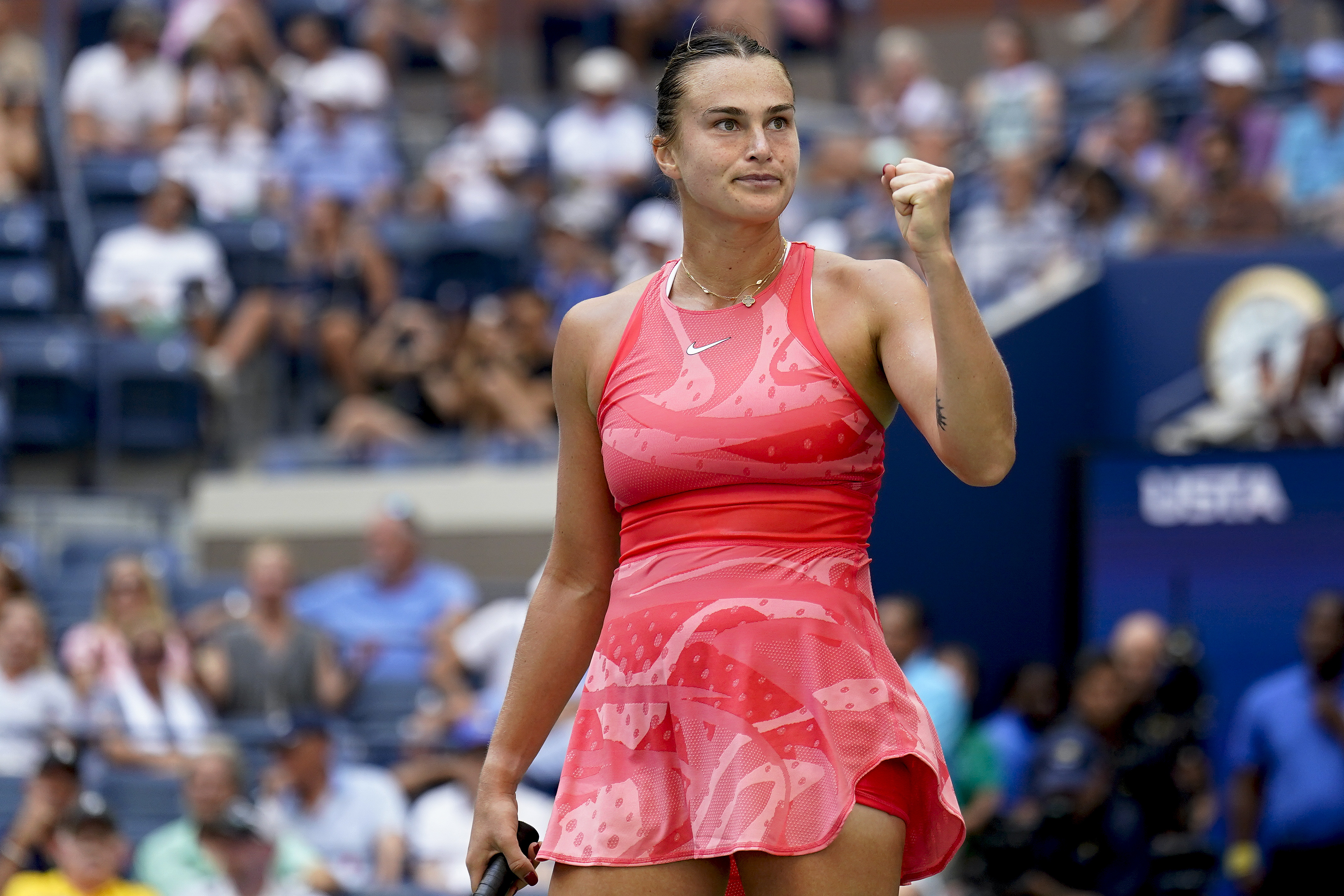 Aryna Sabalenka, of Belarus, reacts after defeating Zheng Qinwen, of China, during the quarterfinals of the U.S. Open tennis championships, Wednesday, Sept. 6, 2023, in New York. (AP Photo/Seth Wenig