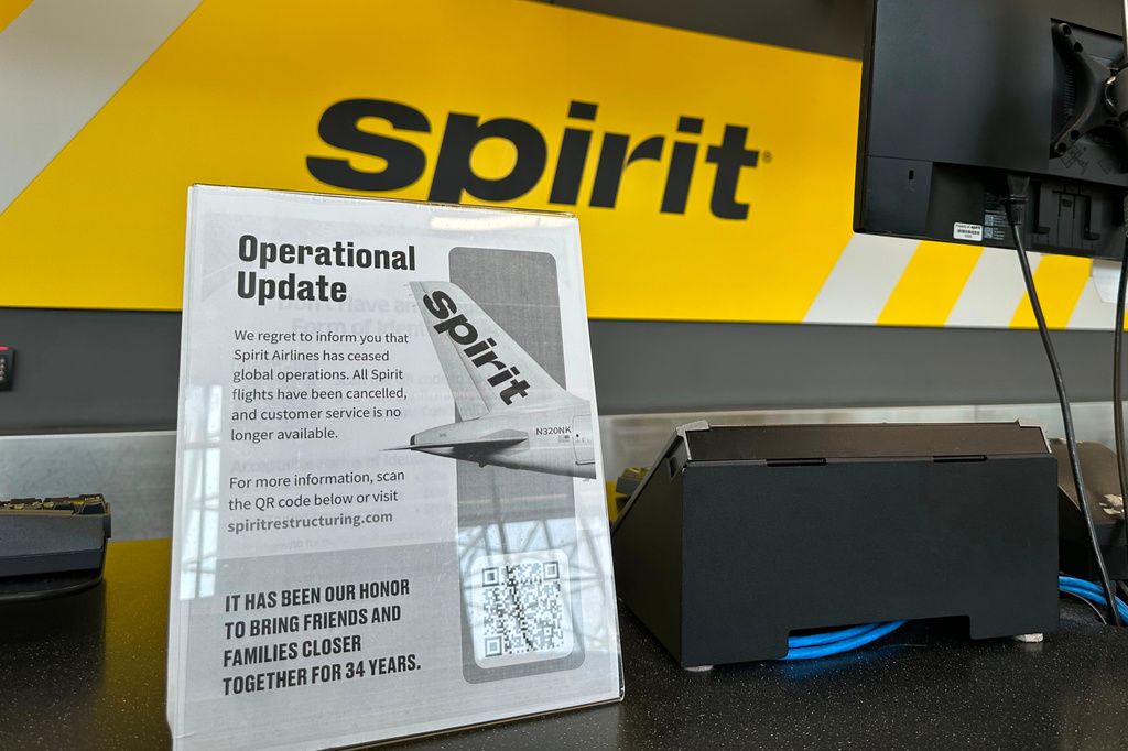 A sign announces Spirit Airlines’ shutdown on Saturday, May 2, 2026 at Hartsfield-Jackson Atlanta International Airport in Atlanta.  
