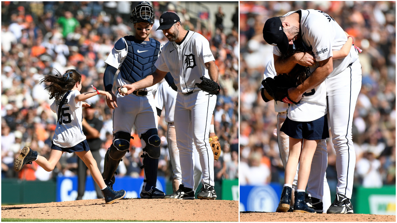Detroit Tigers starting pitcher Justin Verlander (35) and his daughter, Genevieve Verlander, leave the field after Verlander was taken out of the game during the sixth inning of a baseball game against the Pittsburgh Pirates, Saturday, Sept. 26, 2026, in Detroit. (AP Photo/Jose Juarez)