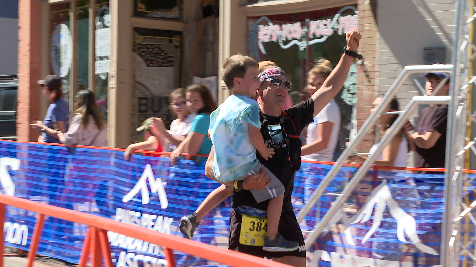 A runner finishes the Pikes Peak Marathon 