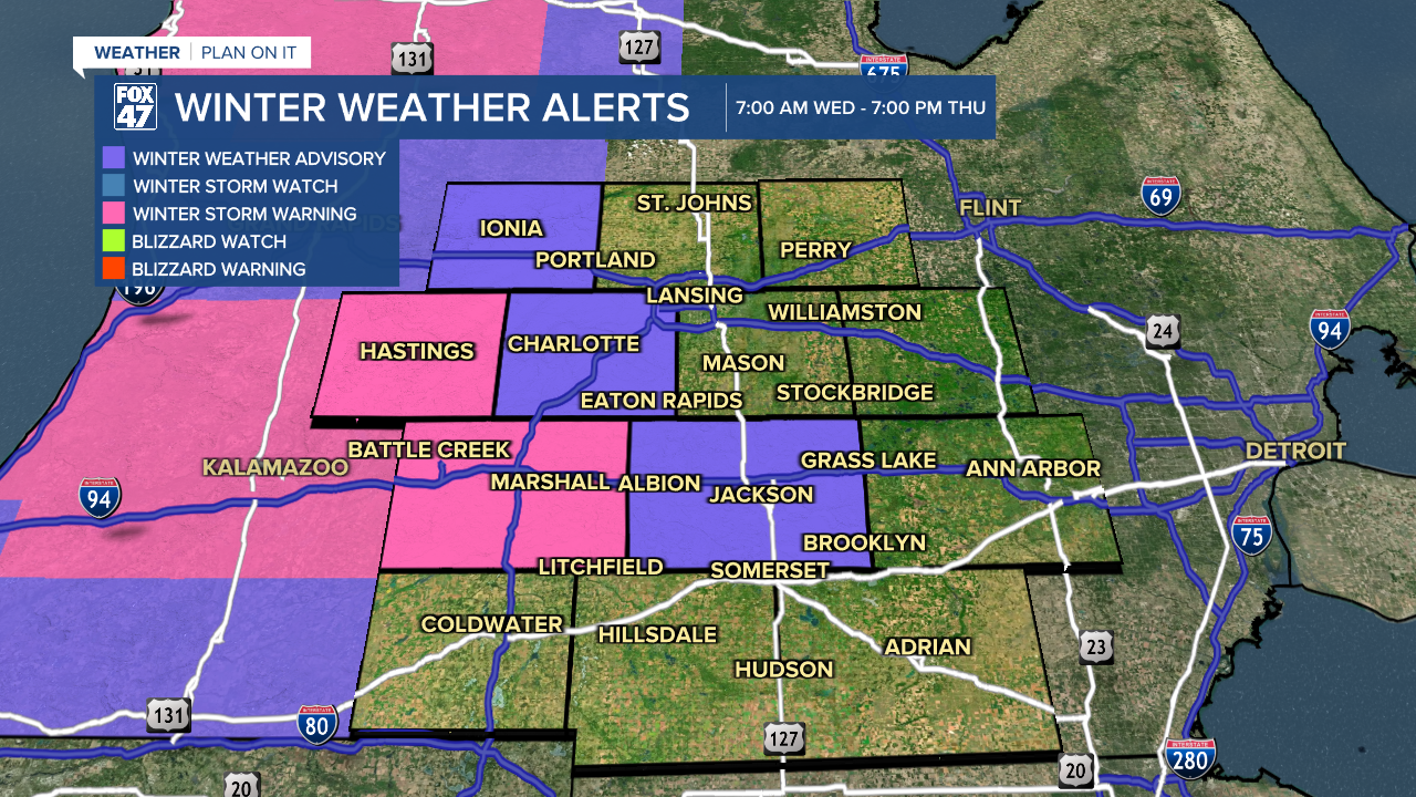 Winter Weather Advisory in effect for Jackson and Eaton counties from 7 AM Wednesday to 7 PM Thursday