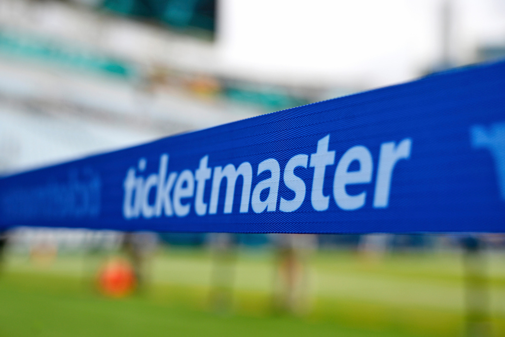 The Ticketmaster logo is seen along the sideline of the field before an NFL football game, Sept. 15, 2024, in Jacksonville, Fla. 