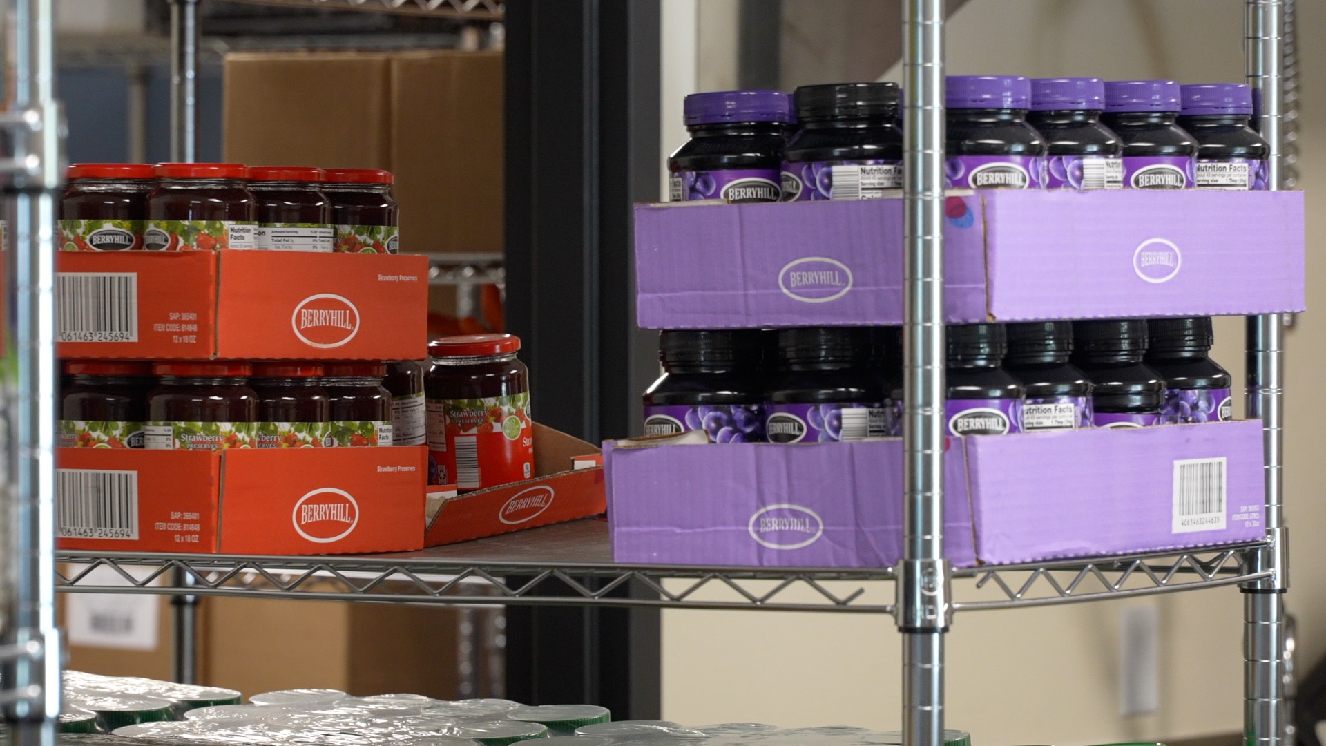 Food supplies sit on the shelves of the Salvation Army in Naples.