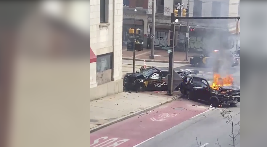 Video shows fiery downtown crash involving MTA police car