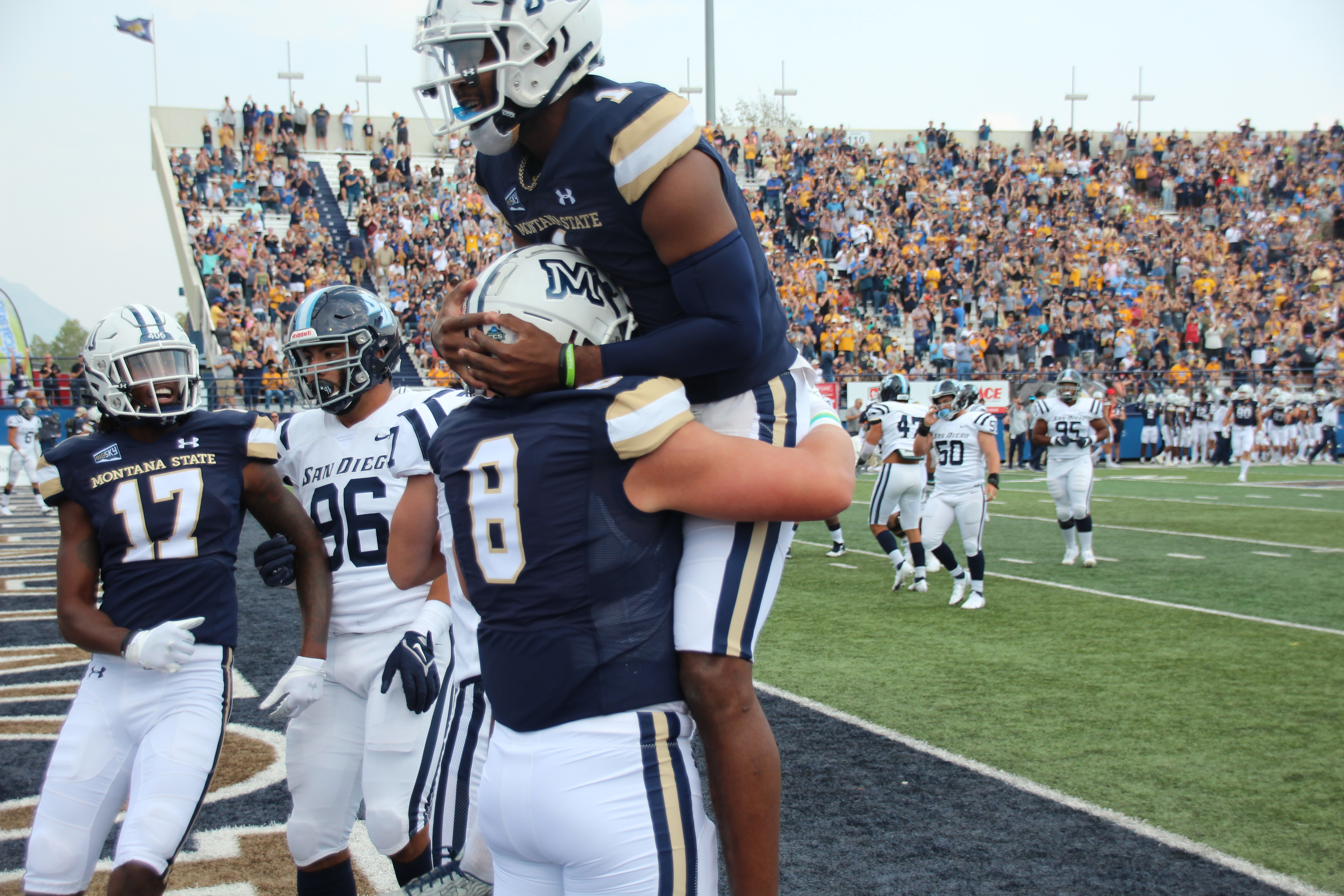 MSU tight end celebrates his touchdown grab with quarterback Matt McKay