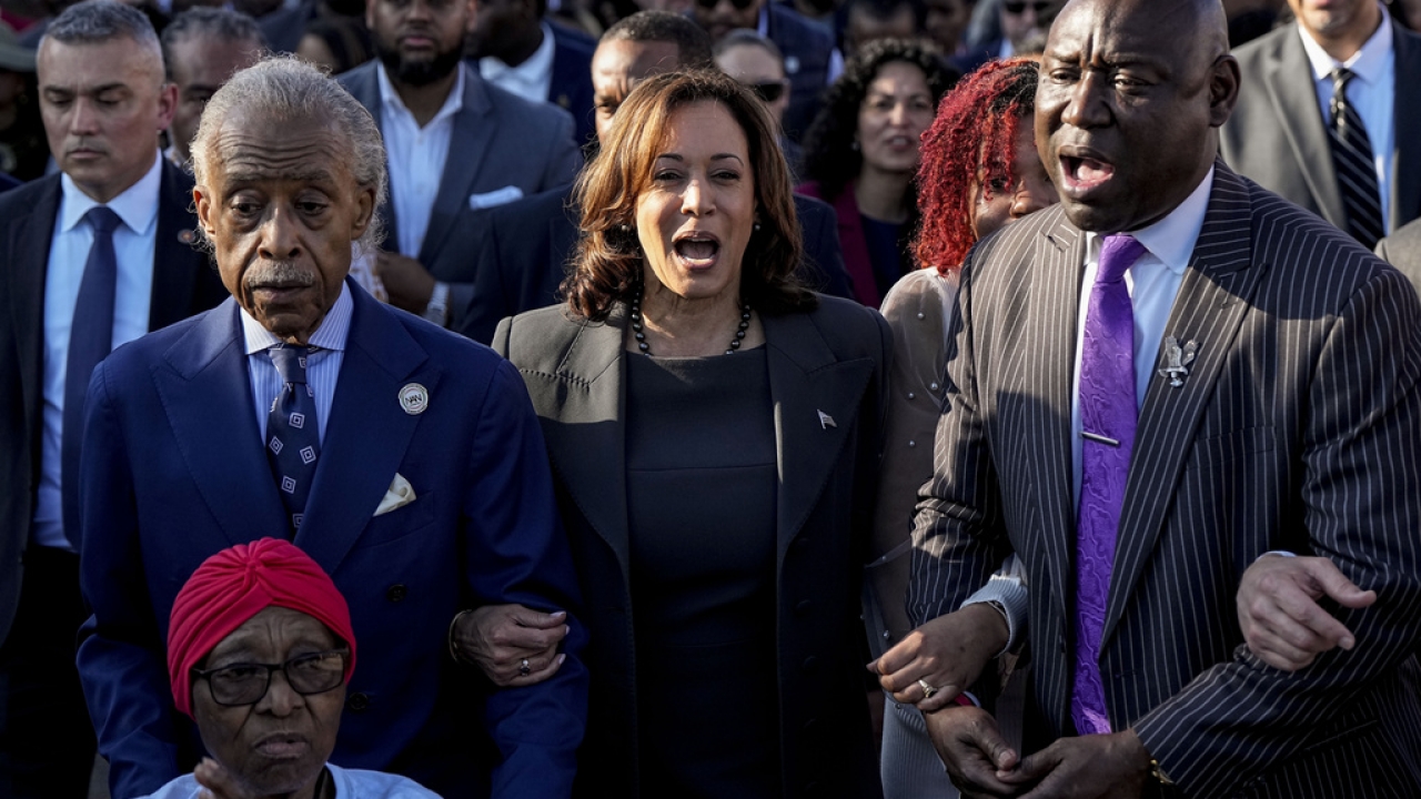 The Rev. Al Sharpton, Vice President Kamala Harris and Attorney Ben Crump.