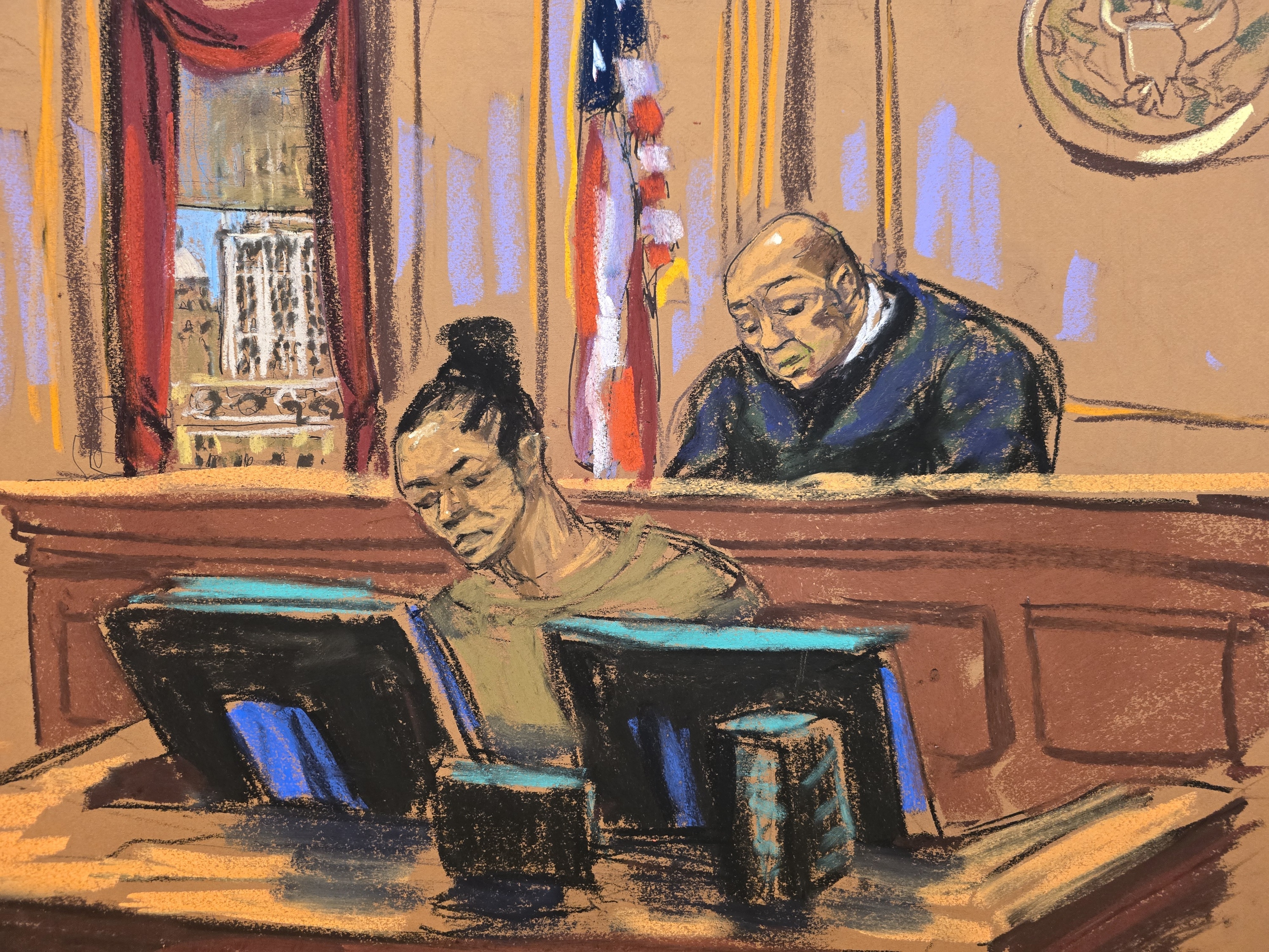 FILE - In this courtroom sketch, Judge Alvin K. Hellerstein, right, presides as courtroom deputy Brigitte Jones sits below the bench during a pretrial hearing in a drug trafficking case for former Venezuela President Nicolas Maduro and his wife Cilia Flores on July 22, 2026, at Manhattan federal court in New York.