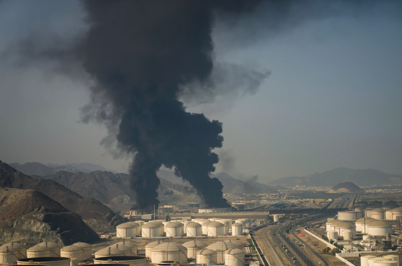 Fire and plumes of smoke rise from an oil facility in Fujairah, United Arab Emirates, Saturday, March 14, 2026.