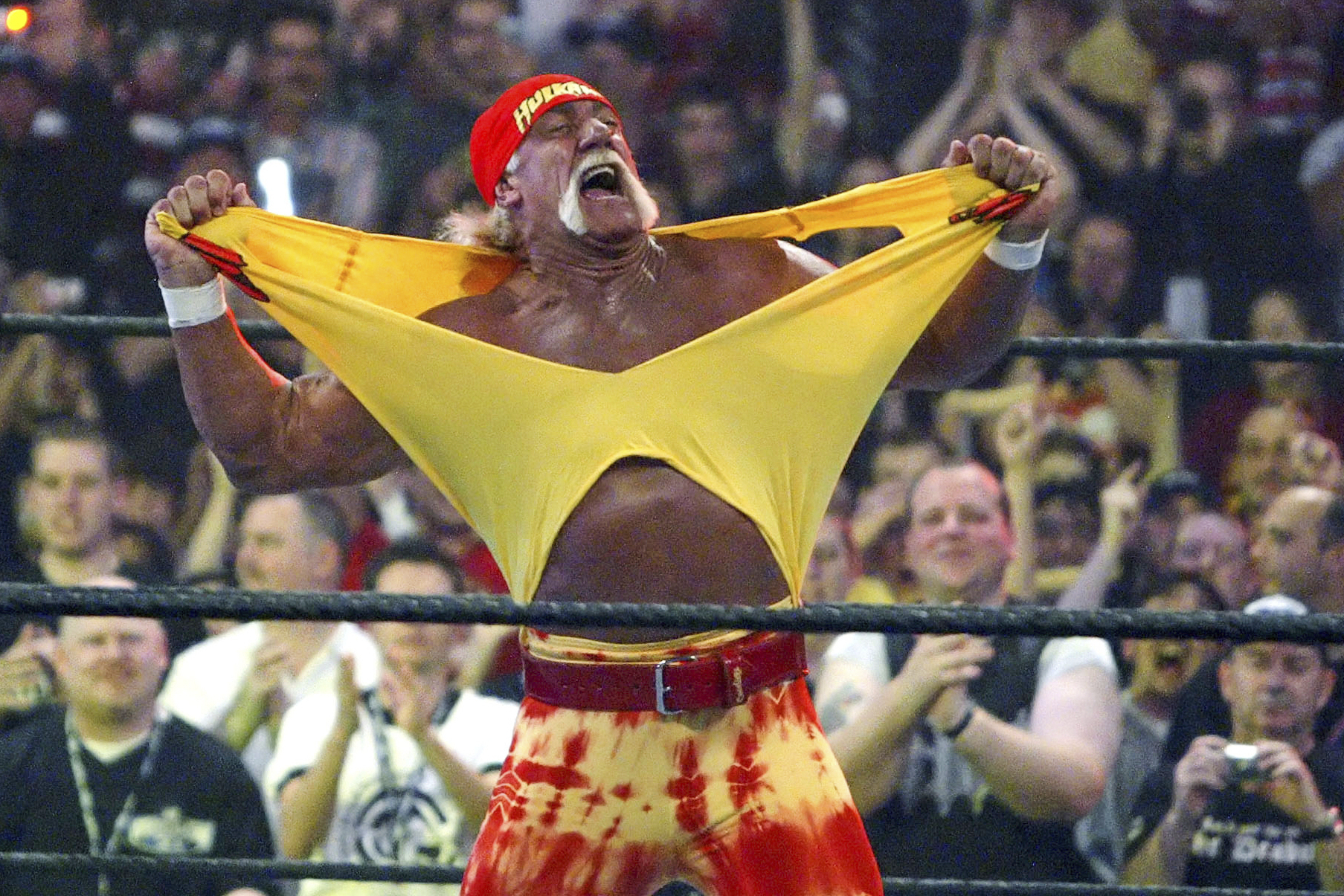 FILE - In this April 3, 2005, file photo, Hulk Hogan fires up the crowd between matches during WrestleMania 21 in Los Angeles. 