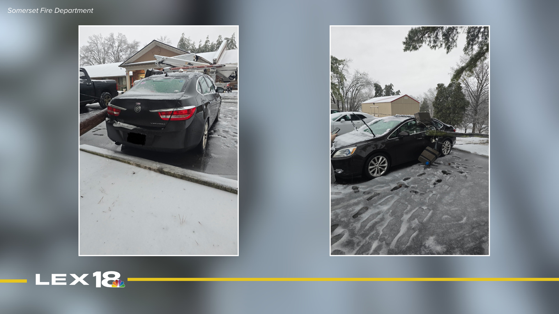 Electrical utility pole falls on car 