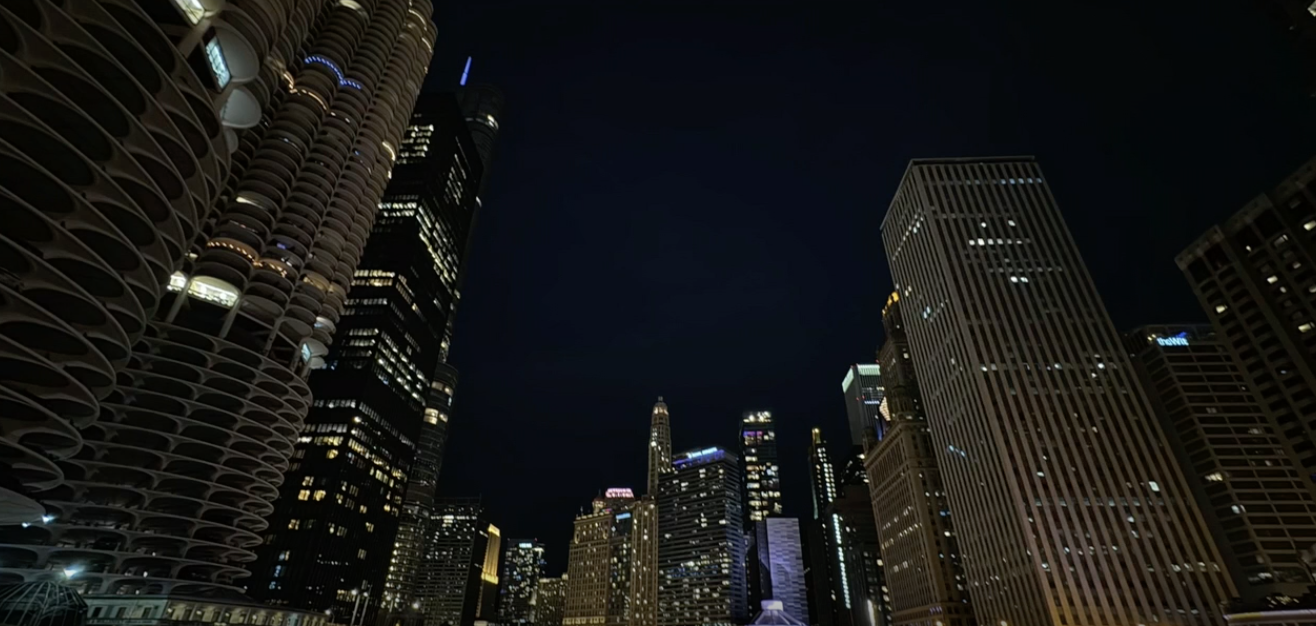 The Chicago skyline at night.