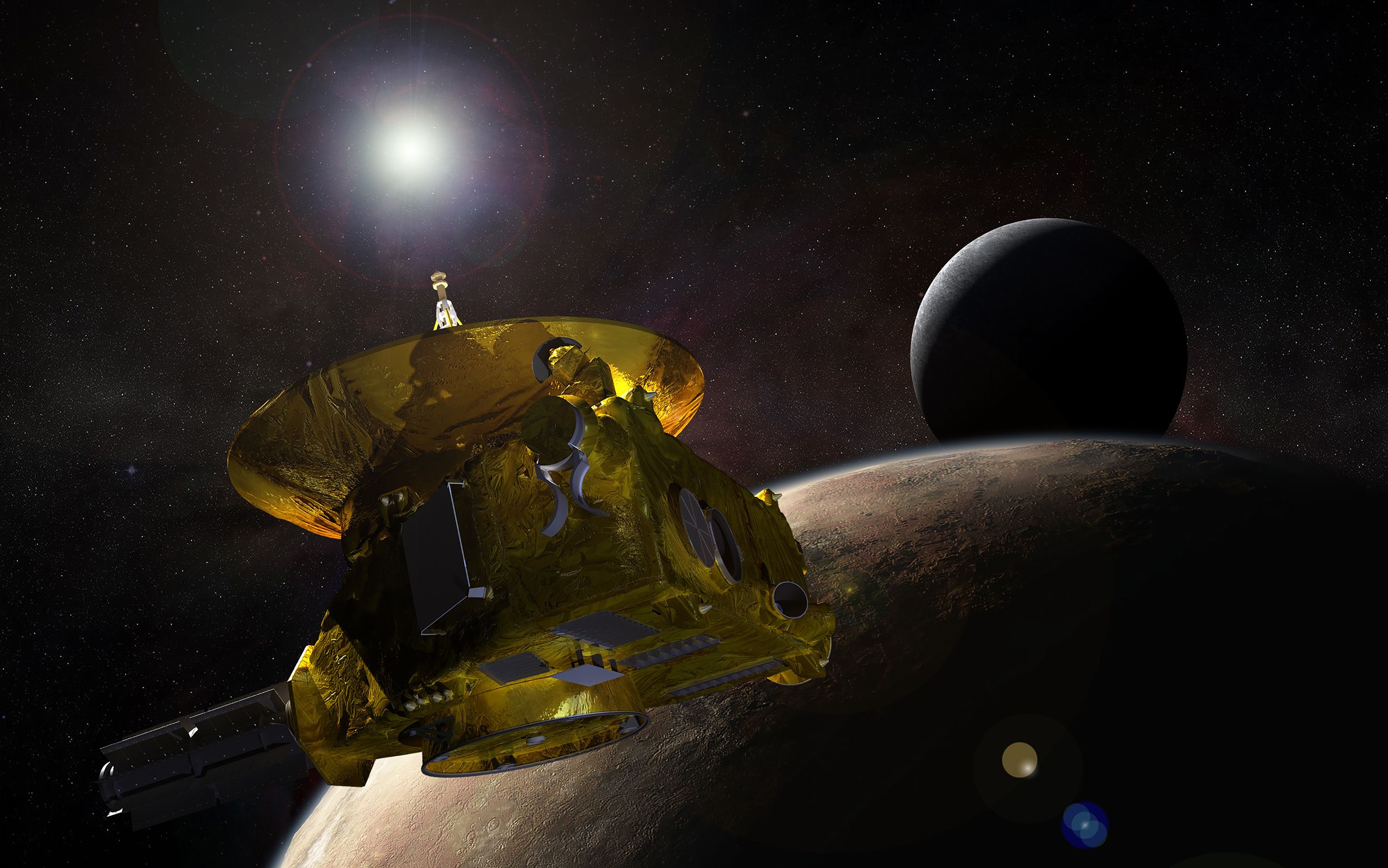 An artist's concept depicts New Horizons encountering Pluto and its largest moon, Charon, in July 2015.