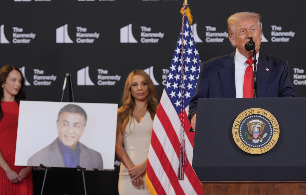 Sylvester Stallone is unveiled by President Donald Trump to be a recipient of the Kennedy Center Honors, at the Kennedy Center, Wednesday, Aug. 13, 2025, in Washington.
