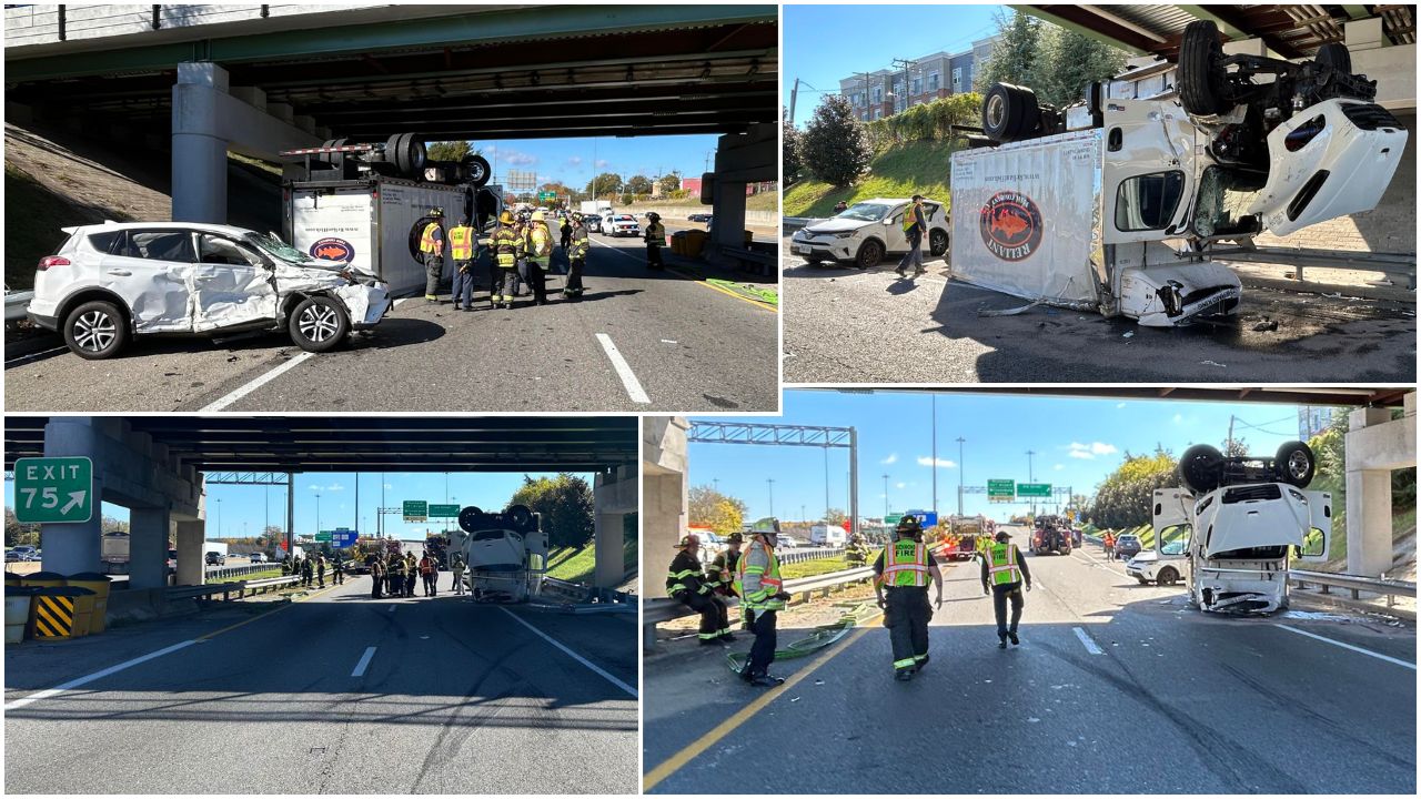 3 injured after I-95 wreck in Richmond; crews work to drag flipped box truck down exit ramp