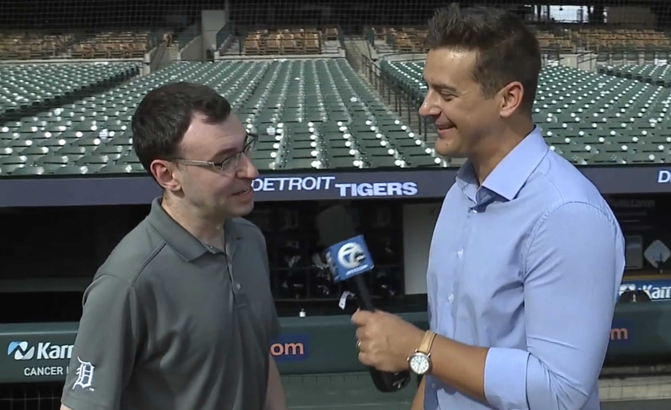 Jason Benetti talks with Brad Galli at Comerica Park on Sep. 26, 2024