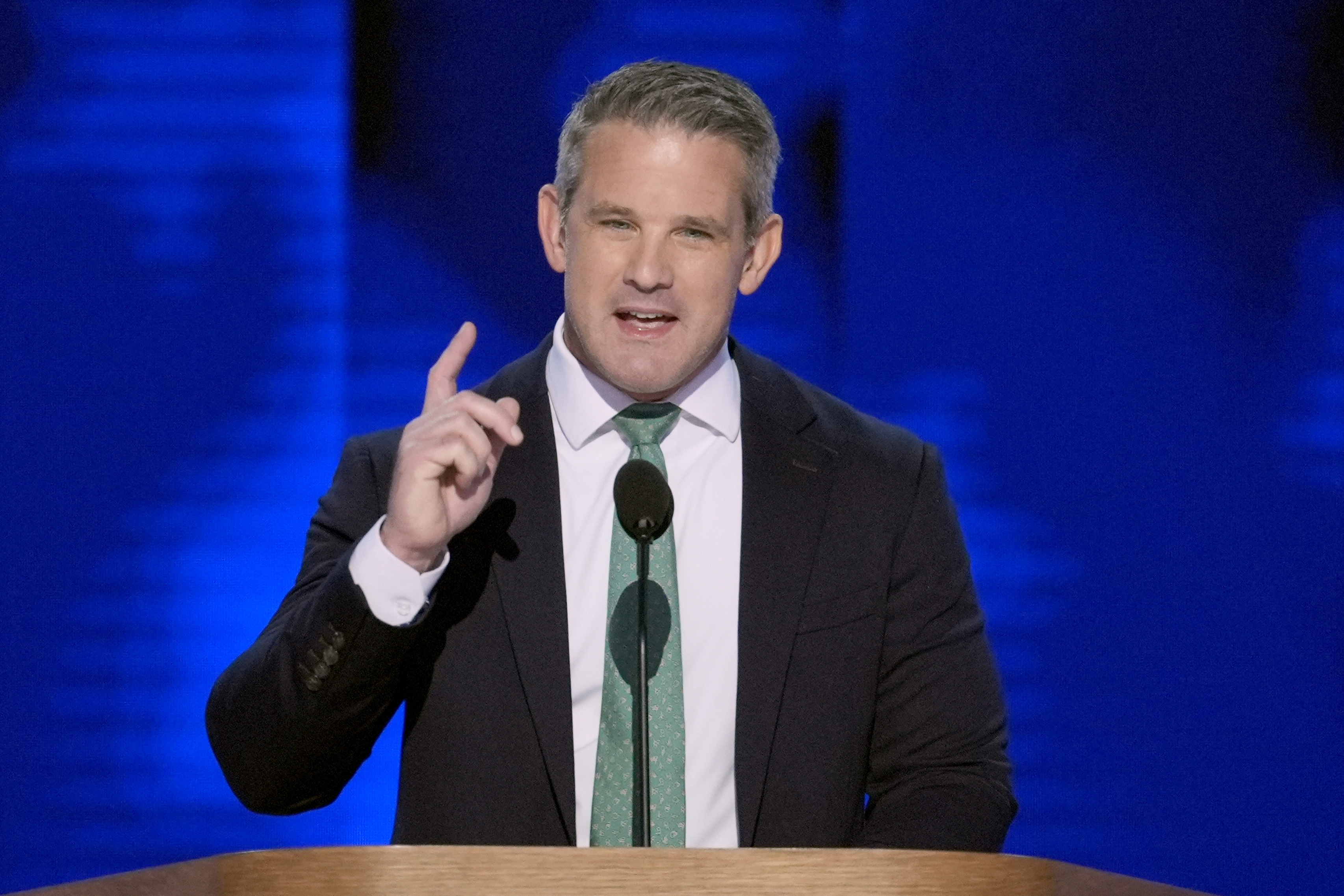 FILE - Former Republican Rep. Adam Kinzinger, of Illinois, speaks during the Democratic National Convention, Aug. 22, 2024, in Chicago.