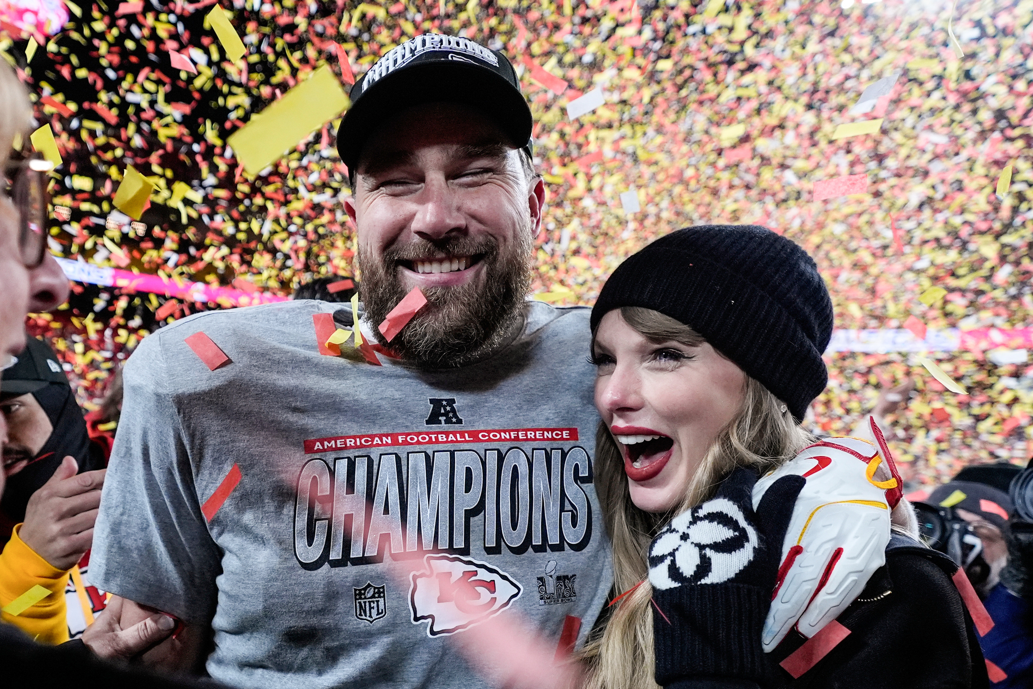 FILE - Travis Kelce, left, and Taylor Swift pose after the AFC Championship NFL football game against the Buffalo Bills, Jan. 26, 2025, in Kansas City, Mo. 