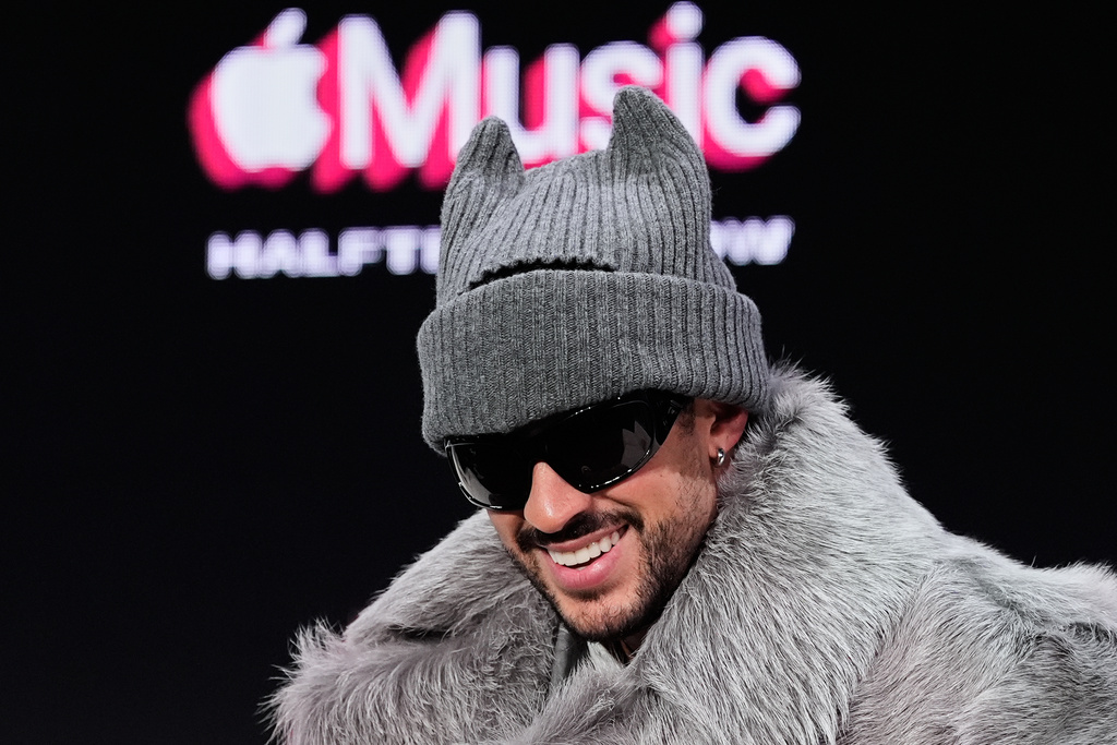 Apple Music Super Bowl LX Halftime Show performer Bad Bunny smiles during a news conference, Thursday, Feb. 5, 2026, in San Francisco ahead of the NFL Super Bowl 60 football game between the Seattle Seahawks and the New England Patriots.