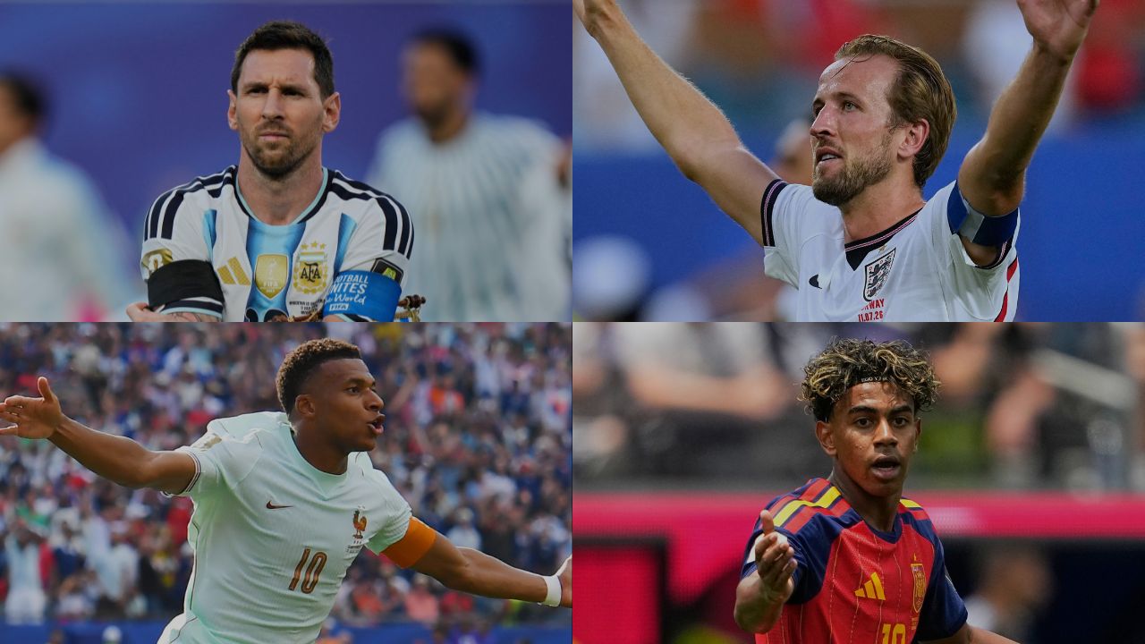 This combination of photos from top left clockwise shows Argentina's Lionel Messi, England's Harry Kane, Spain's Lamine Yamal, and France's Kylian Mbappe.