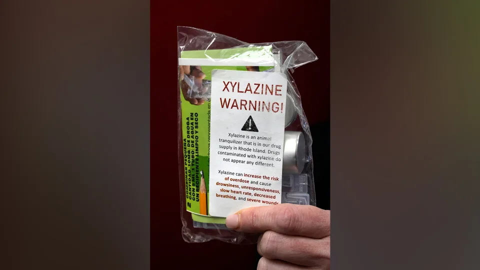 A fentanyl drug testing kit warns about the dangers of xylazine, which is not yet detectable in street testing.