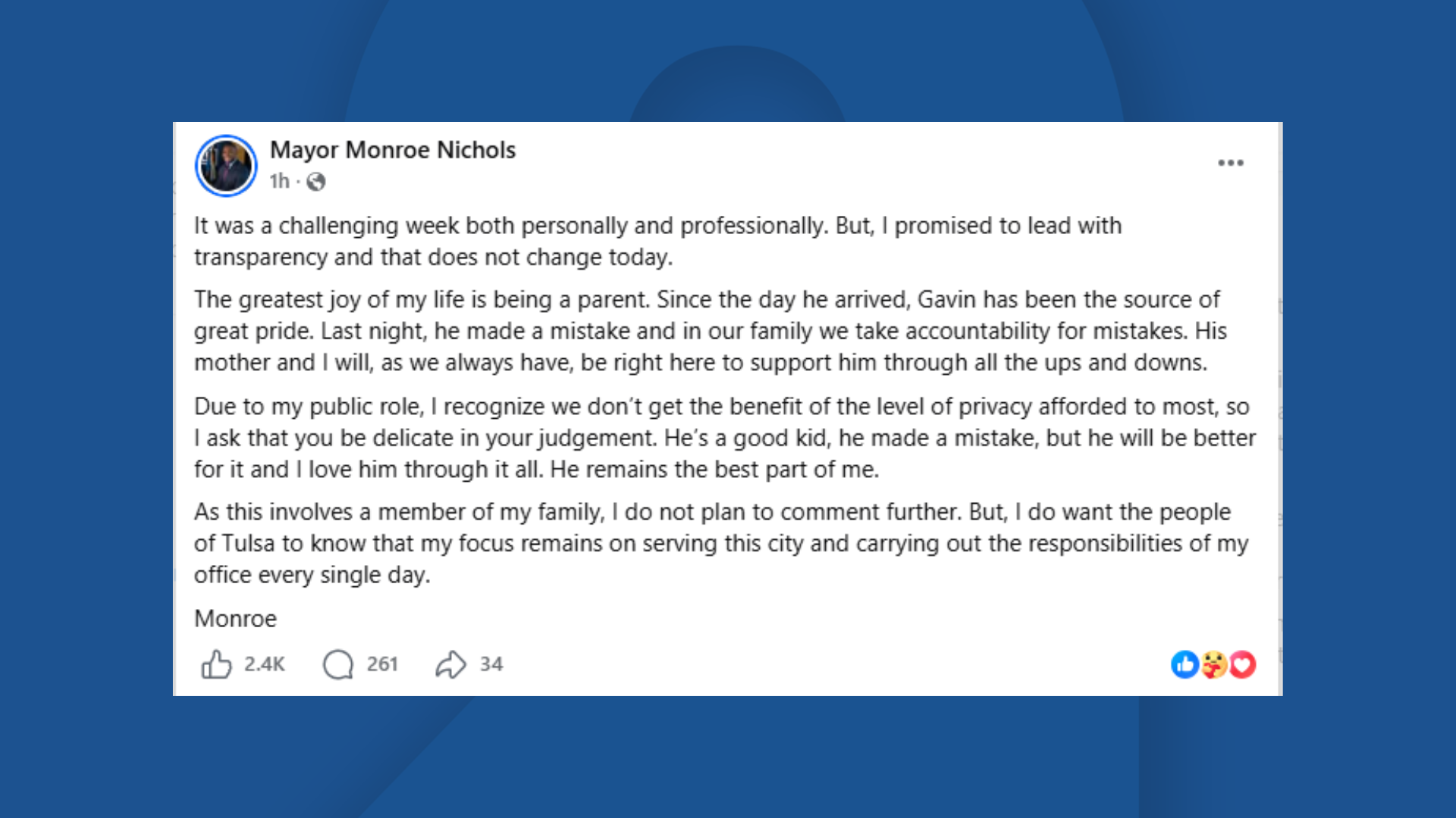 "To lead with transparency": Tulsa Mayor Monroe Nichols posts to social media following sons arrest
