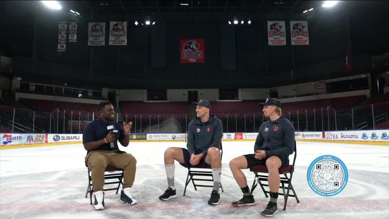 Bakersfield Condors players Vincent Desharnais (#6) and James Hamblin (#11)