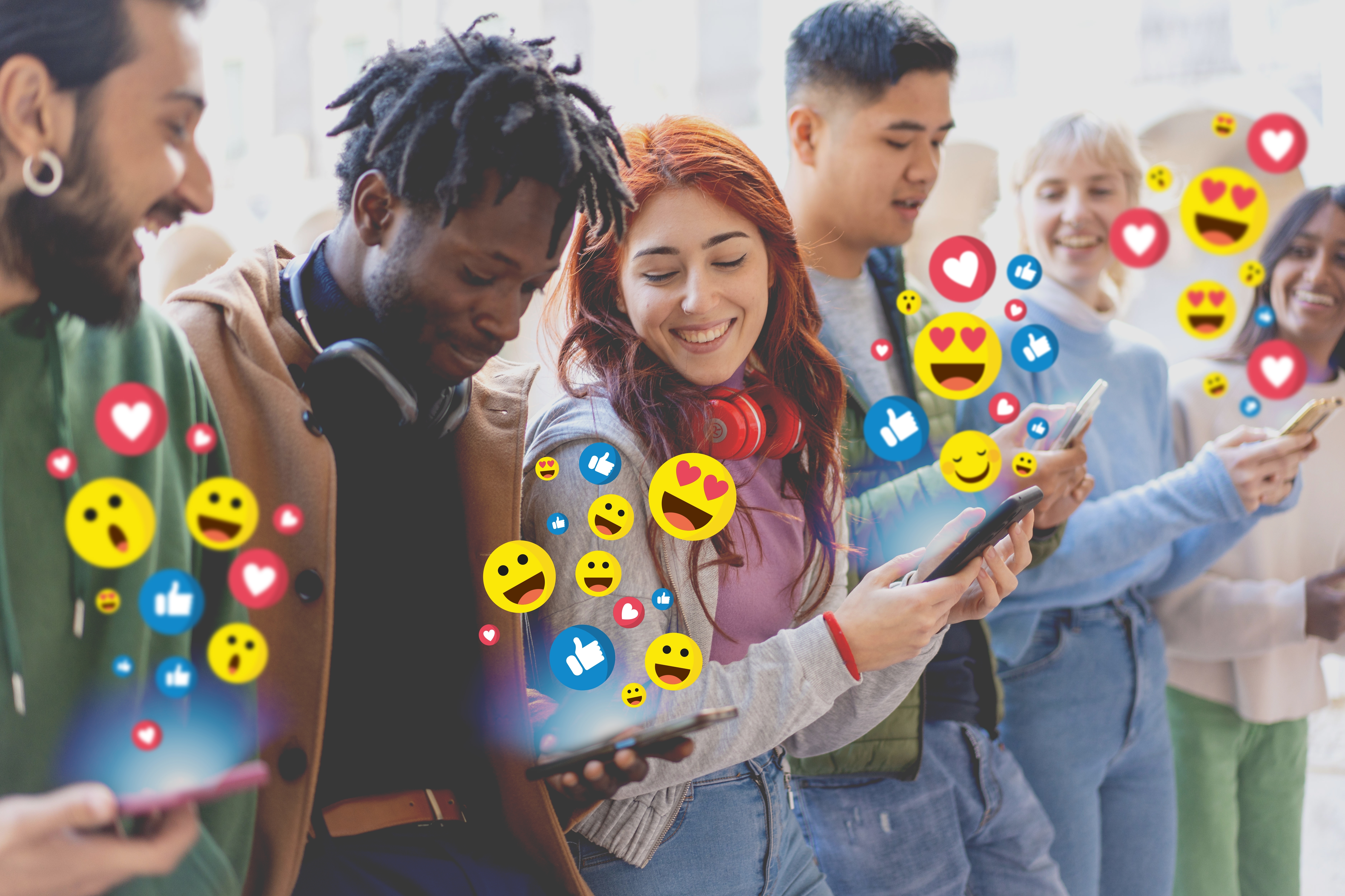 Excited young adults share and react to content on social media, surrounded by a flurry of colorful emojis in a vibrant scene.