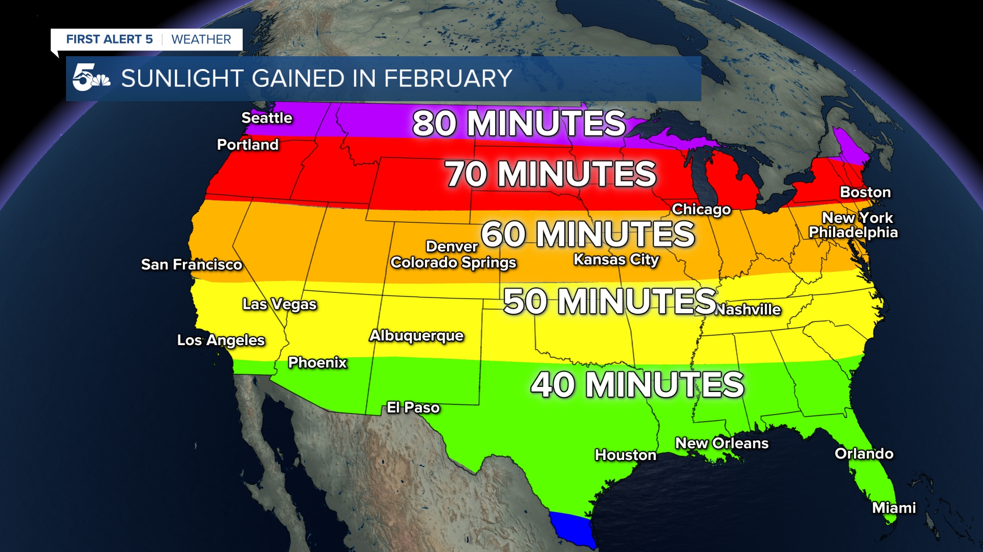 A map of the sunlight gained in February across the United States