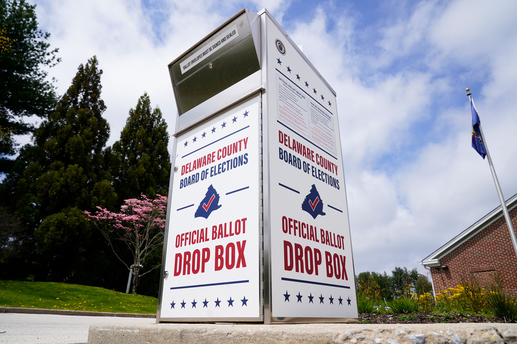 A Delaware County secured drop box for the return of vote-by-mail ballots is pictured, May 2, 2022, in Newtown Square, Pa.  