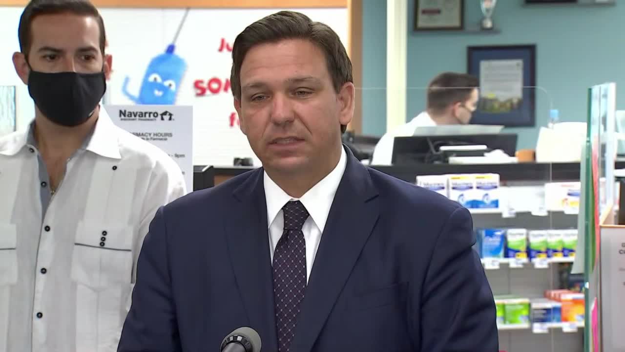 Gov. Ron DeSantis announces COVID-19 vaccine expansion at Navarro Discount Pharmacy in Hialeah, Feb. 23, 2021