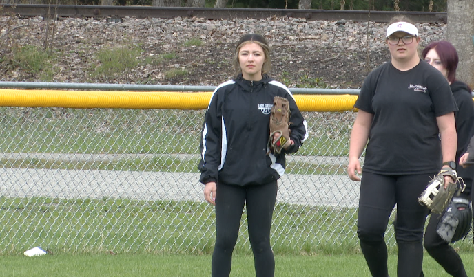 Troy center fielder Ellie Borgmann taking outfield drills at practice Thursday, April 16, 2026