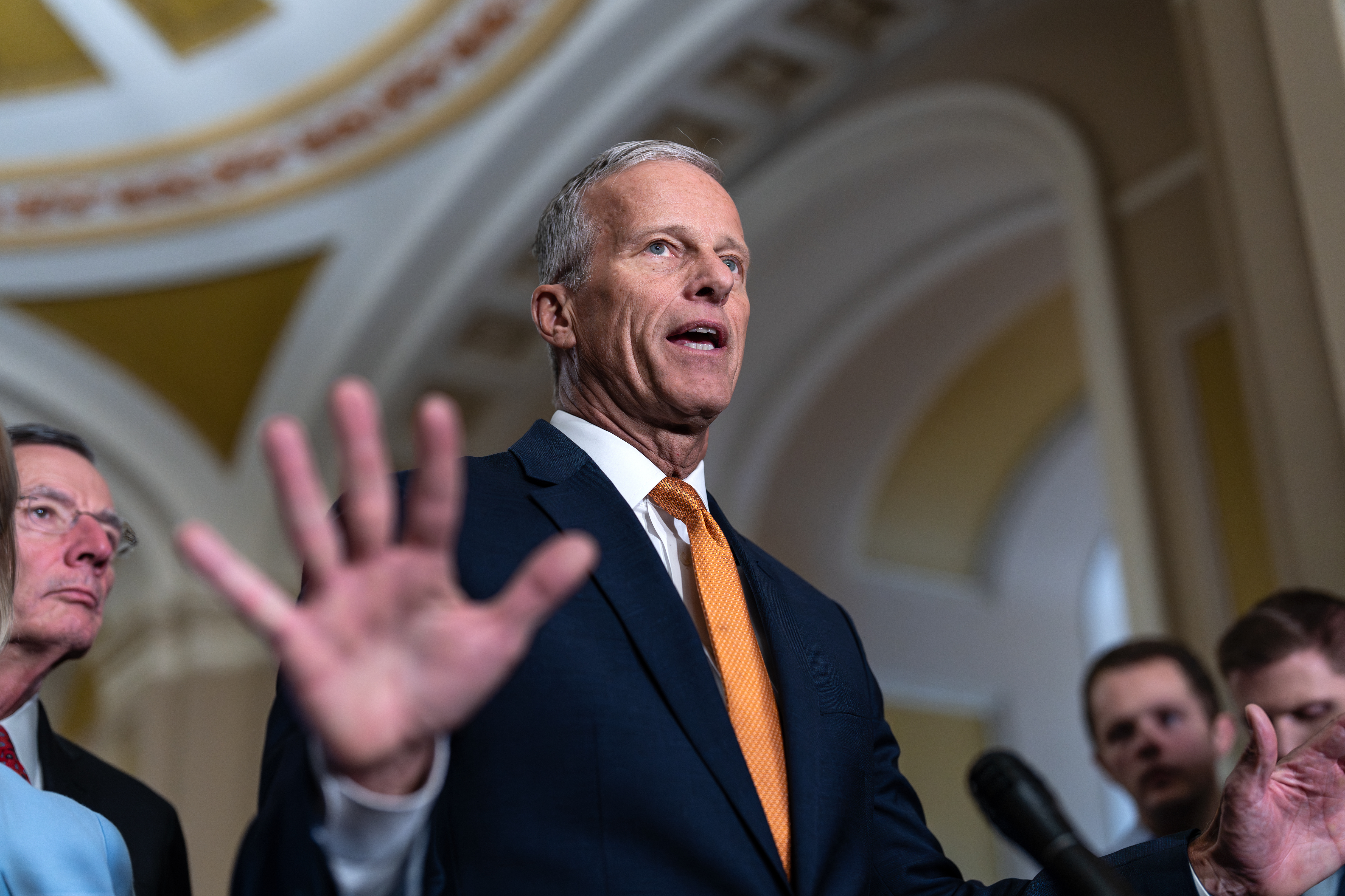 Senate Majority Leader John Thune, R-S.D., speaks with reporters following a closed-door meeting of Senate Republicans on day 28 of the government shutdown, at the Capitol in Washington, Tuesday, Oct. 28, 2025. 