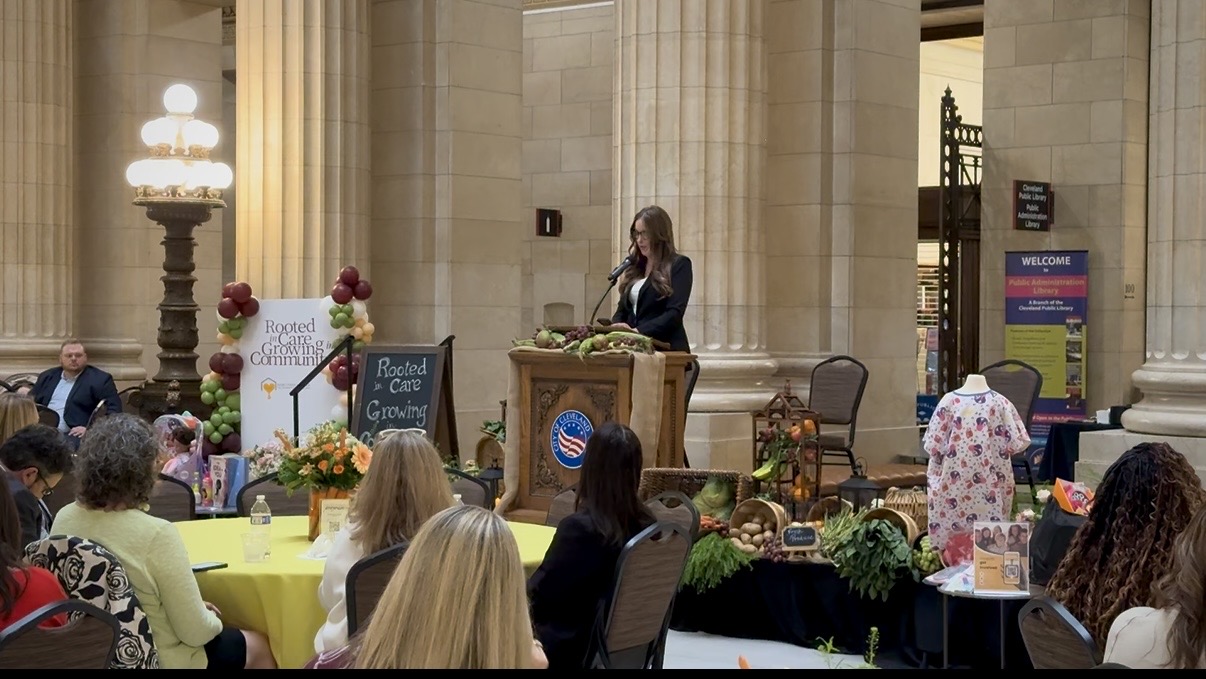 Kathy DiVincenzo talks during foster care awareness luncheon at Cleveland City Hall