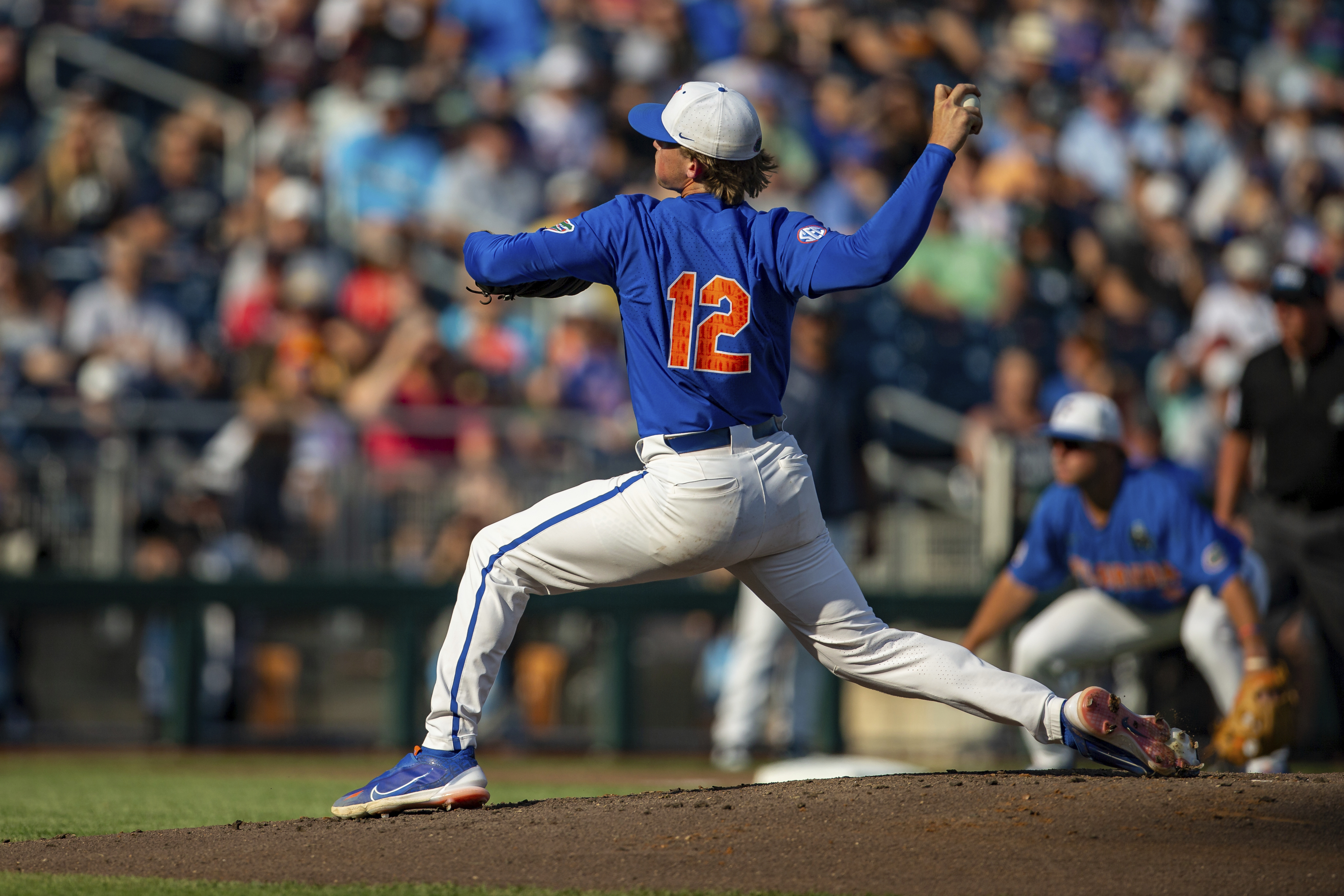 Florida Gators pitcher Hurston Waldrep throws in first inning against Oral Roberts Golden Eagles in College World Series, June 18, 2023