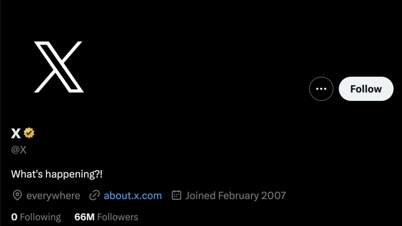 Screenshot shows Twitter's company profile page with the new "X" logo and username.